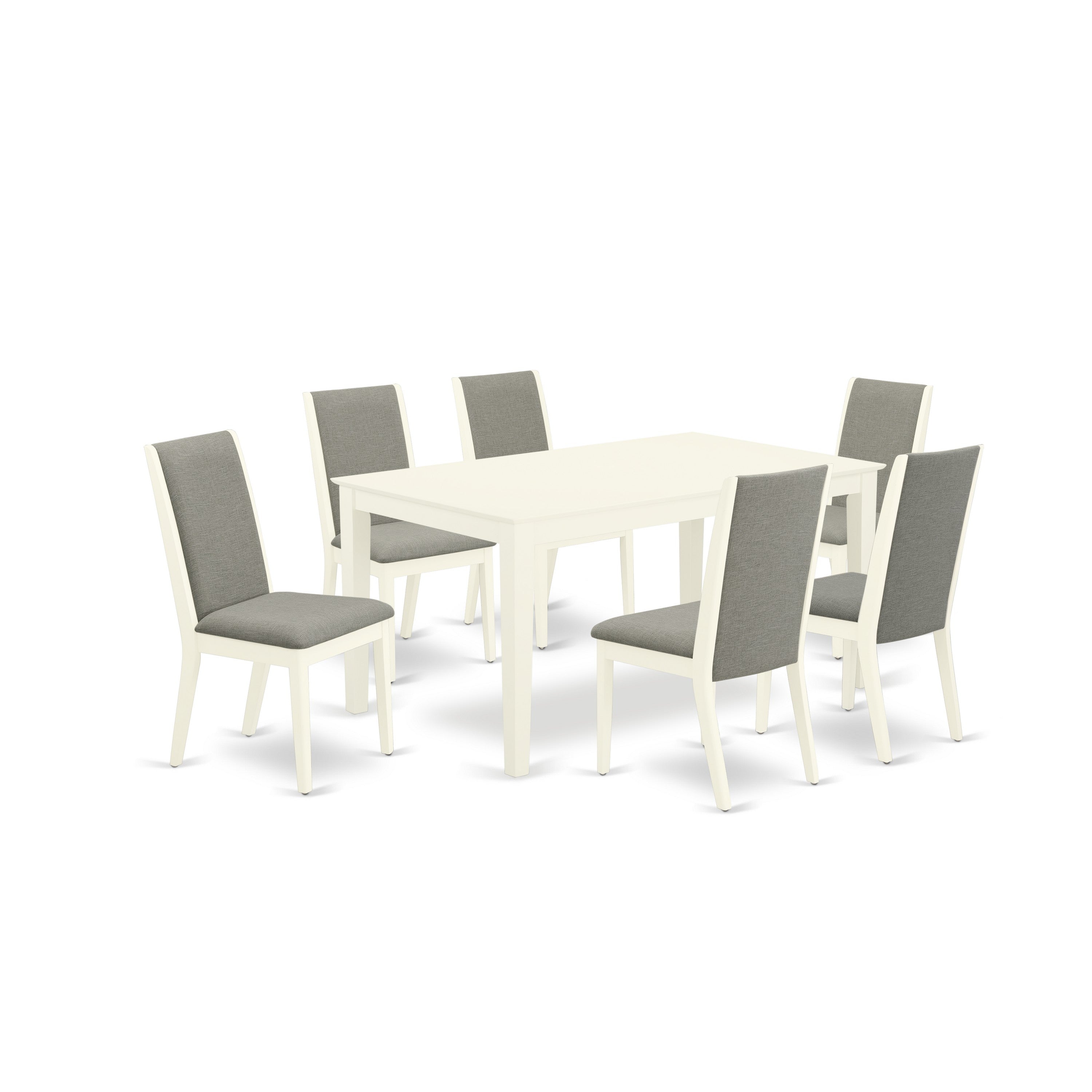East West Furniture CALA7-LWH-06 7-Piece rectangular dining table set- 6 parson chairs and kitchen table hardwood frame -High back & Linen White Finish