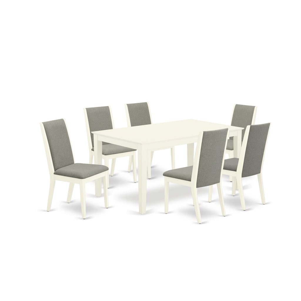 East West Furniture CALA7-LWH-06 7 Piece Dining Room Table Set Consist of a Rectangle Kitchen Table and 6 Shitake Linen Fabric Parson Dining Chairs