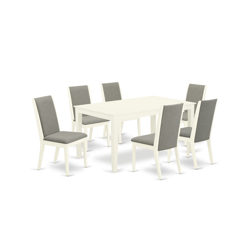 East West Furniture CALA7-LWH-06 7 Piece Dining Room Table Set Consist of a Rectangle Kitchen Table and 6 Shitake Linen Fabric Parson Dining Chairs, 36x60 Inch, Linen White