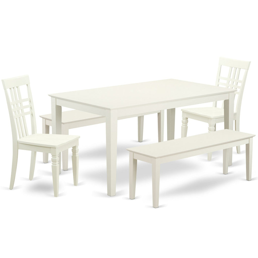 Juego de mesa de comedor de 5 piezas East West Furniture CALG5C-LWH-W Incluye una mesa de cocina rectangular y 2 sillas de comedor con 2 bancos