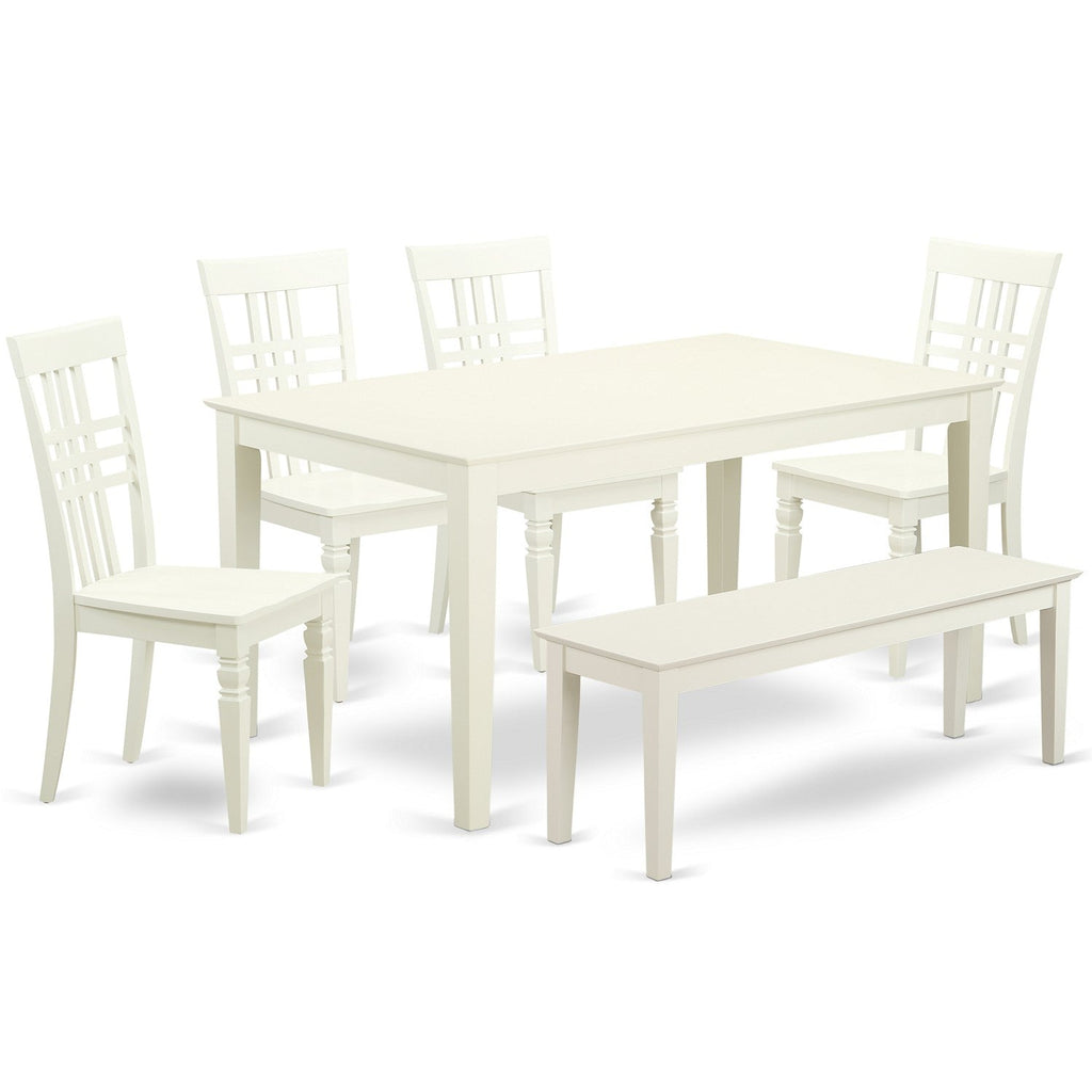 East West Furniture CALG6-LWH-W 6 Piece Dining Room Table Set Contains a Rectangle Kitchen Table and 4 Dining Chairs with a Bench