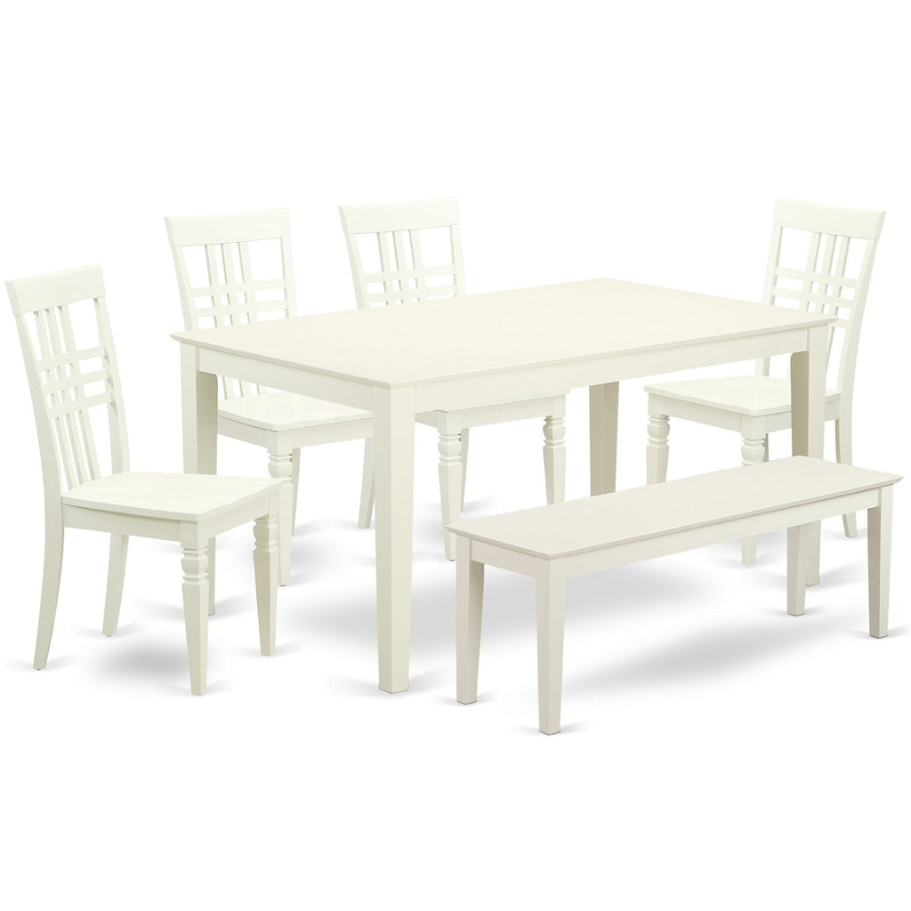 East West Furniture CALG6-LWH-W 6 Piece Dining Room Table Set Contains a Rectangle Kitchen Table and 4 Dining Chairs with a Bench, 36x60 Inch, Linen White