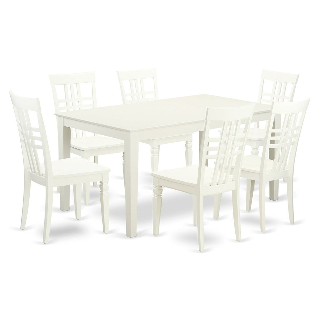 Juego de mesa de comedor East West Furniture CALG7-LWH-W de 7 piezas compuesto por una mesa de cocina rectangular y 6 sillas de comedor.