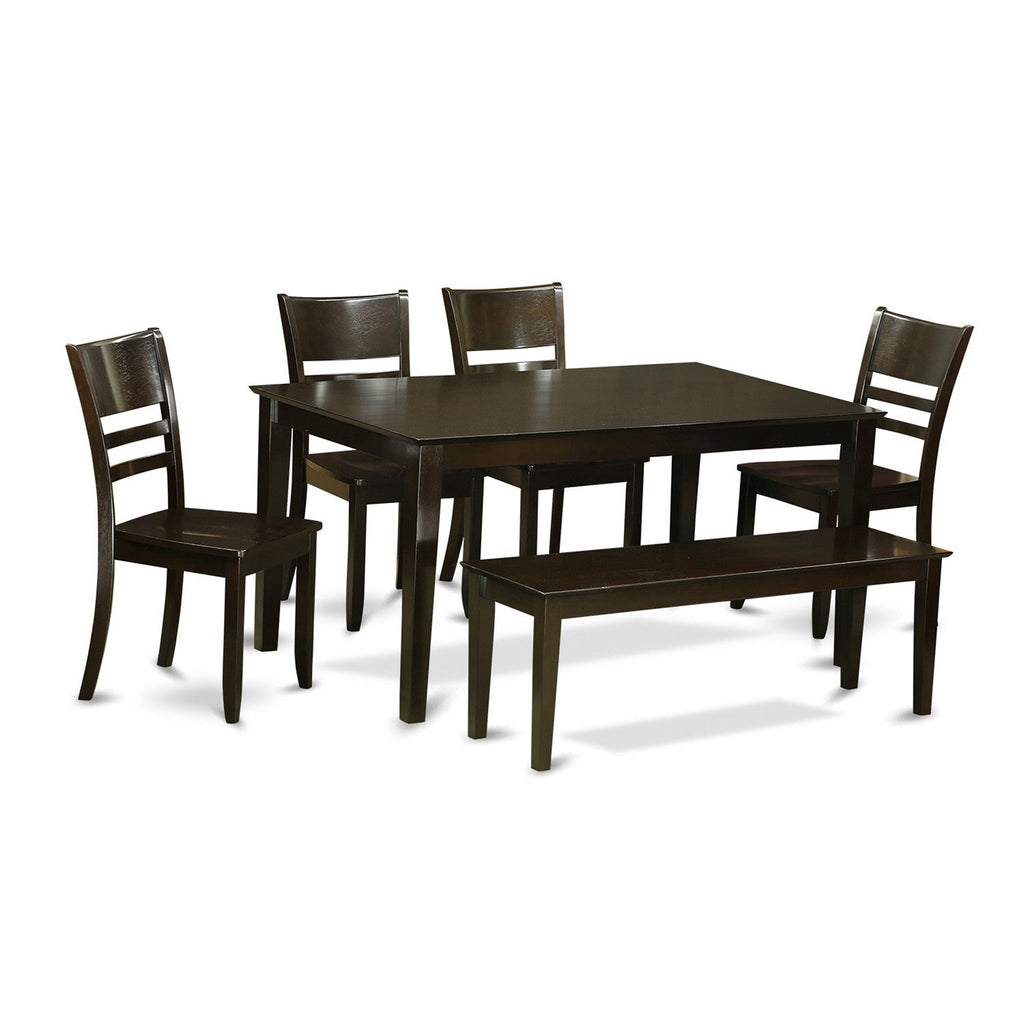 Juego de mesa y sillas de cocina de 6 piezas CALY6-CAP-W de East West Furniture. Contiene una mesa de comedor rectangular y 4 sillas de comedor con un banco.