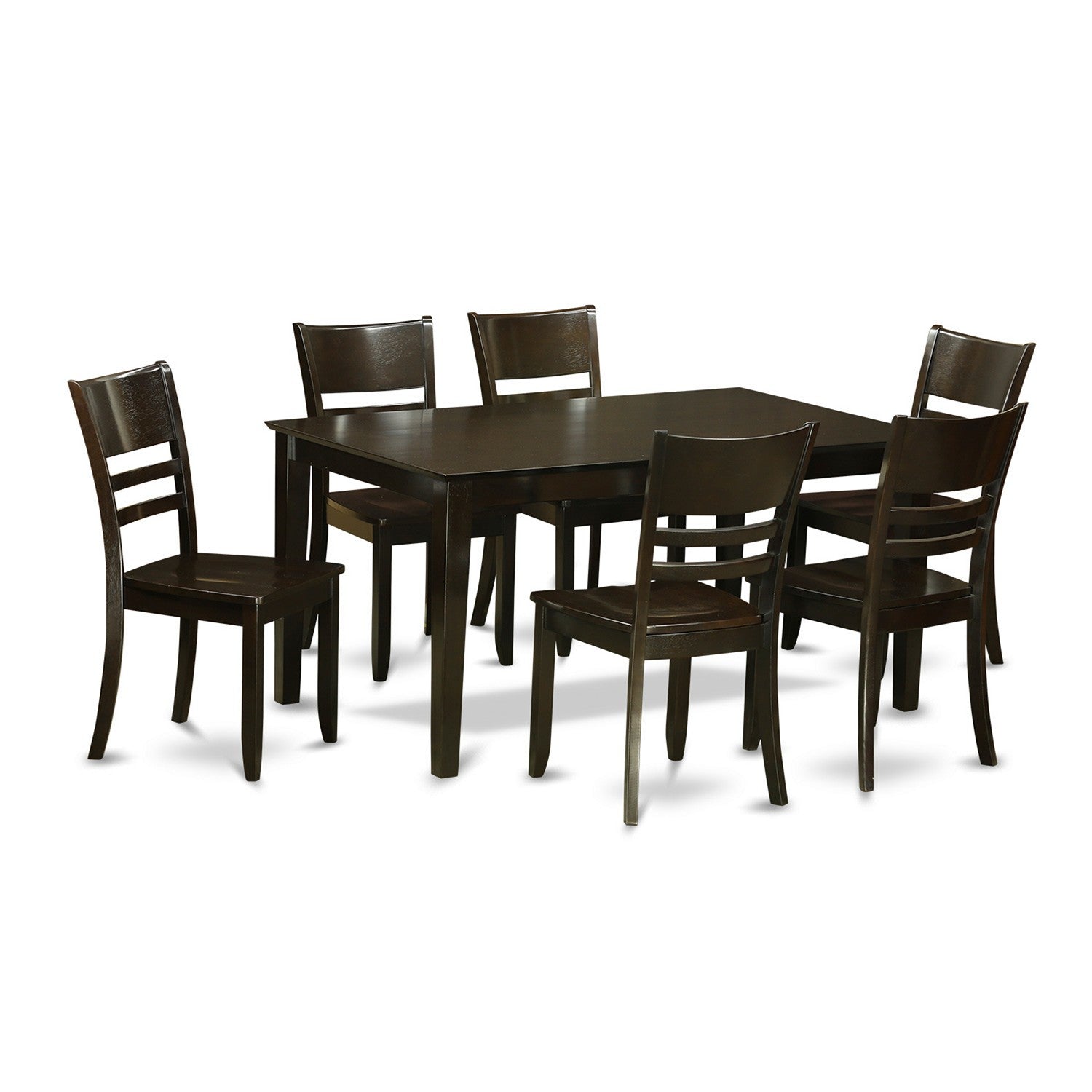 Juego de mesa de comedor moderna de 7 piezas CALY7-CAP-W de East West Furniture. Consta de una mesa rectangular de madera y 6 sillas de comedor.