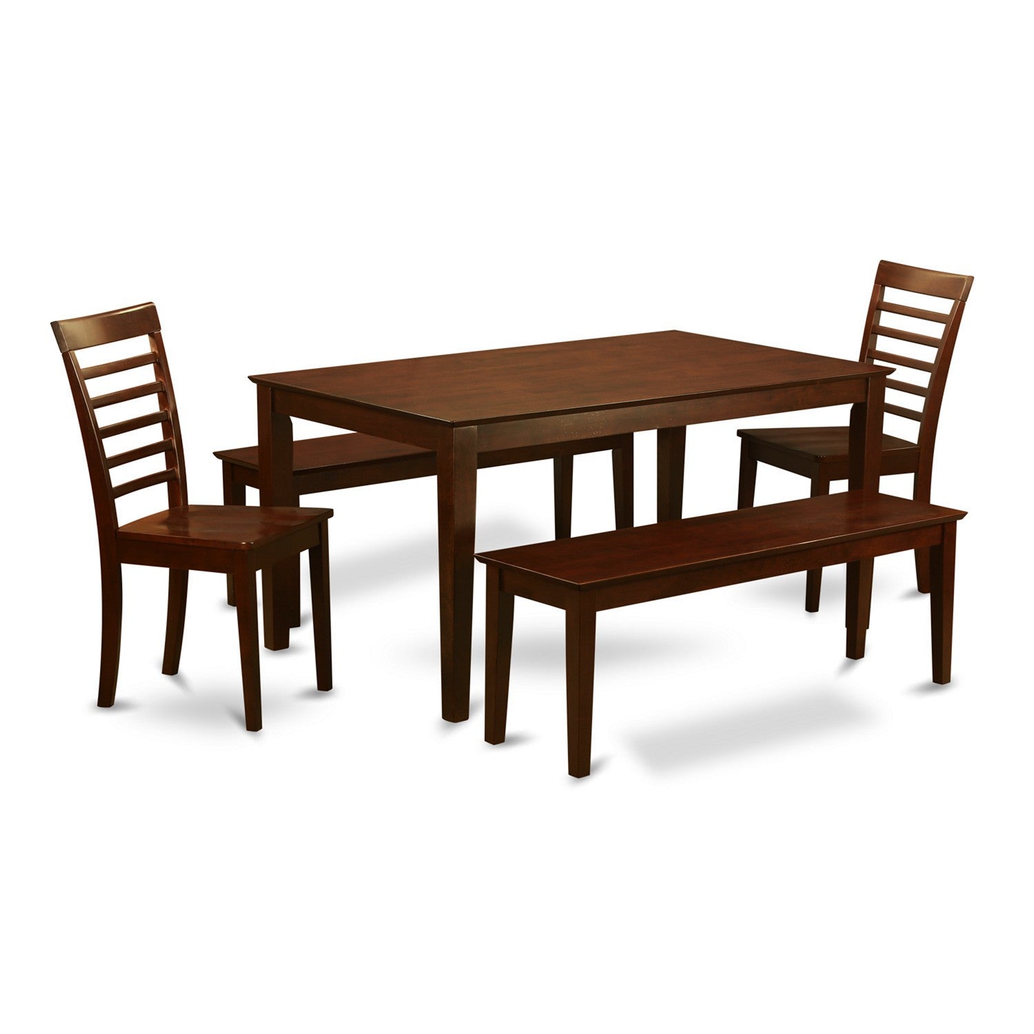 Juego de mesa de cocina de 5 piezas East West Furniture CAML5C-MAH-W para 4 personas. Incluye una mesa de comedor rectangular y 2 sillas de comedor con 2 bancos.