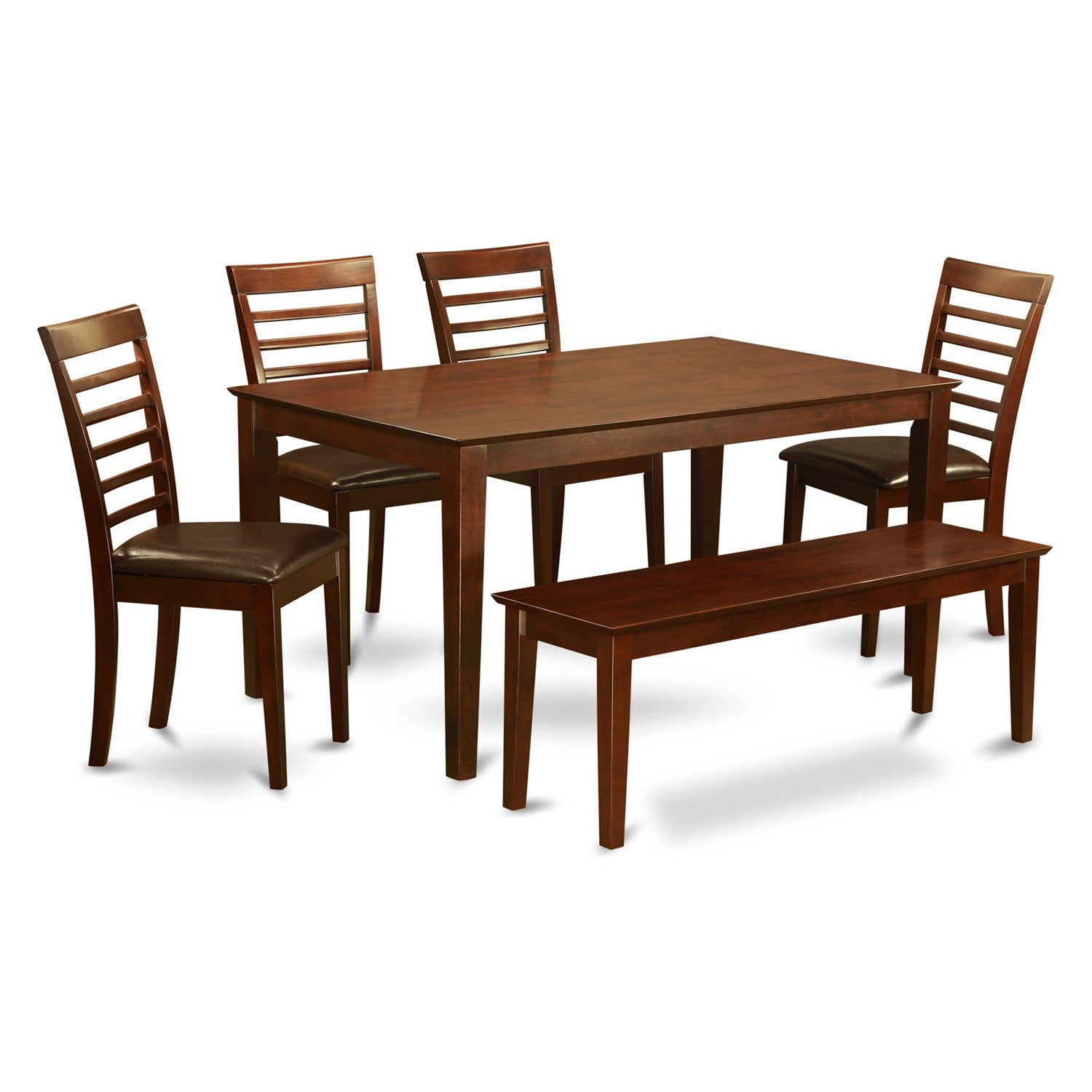 Juego de mesa de comedor de 6 piezas CAML6C-MAH-LC de East West Furniture. Contiene una mesa de comedor rectangular y 4 sillas tapizadas de piel sintética con un banco.
