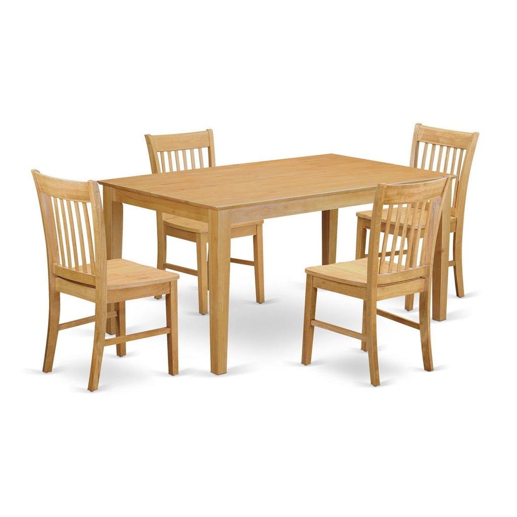 Juego de mesa de cocina de 5 piezas para 4 personas CANO5-OAK-W de East West Furniture. Incluye una mesa de comedor rectangular y 4 sillas de comedor.
