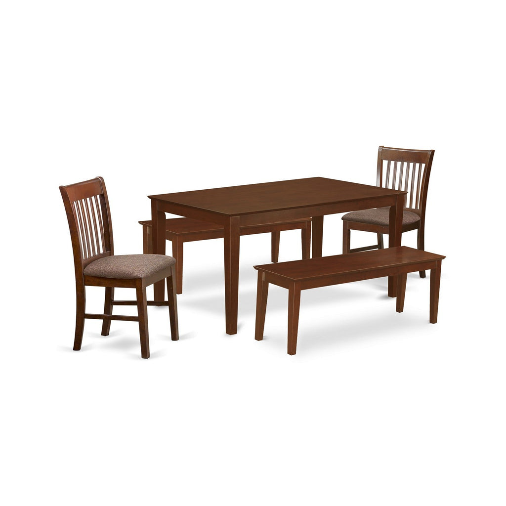 East West Furniture CANO5C-MAH-C 5 Piece Dining Set Includes a Rectangle Solid Wood Table and 2 Linen Fabric Kitchen Chairs with 2 Benches
