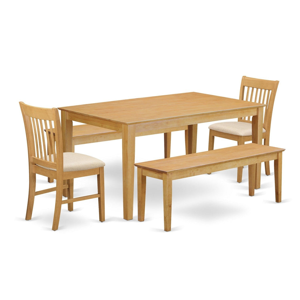 Juego de comedor de 5 piezas CANO5C-OAK-C de East West Furniture. Incluye una mesa de comedor rectangular y 2 sillas de cocina de tela de lino con 2 bancos.