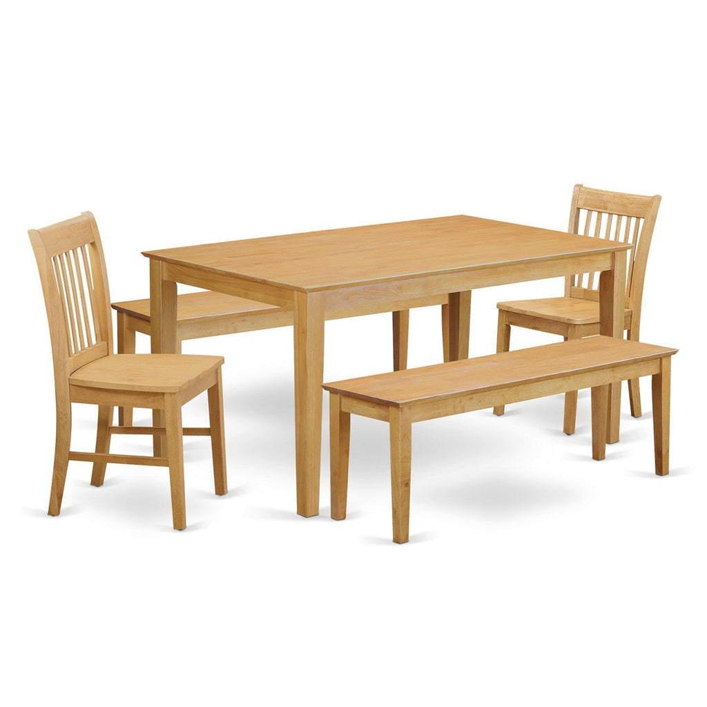 Juego de mesa de comedor moderna de 5 piezas CANO5C-OAK-W de East West Furniture. Incluye una mesa de cocina rectangular y 2 sillas de madera con 2 bancos.