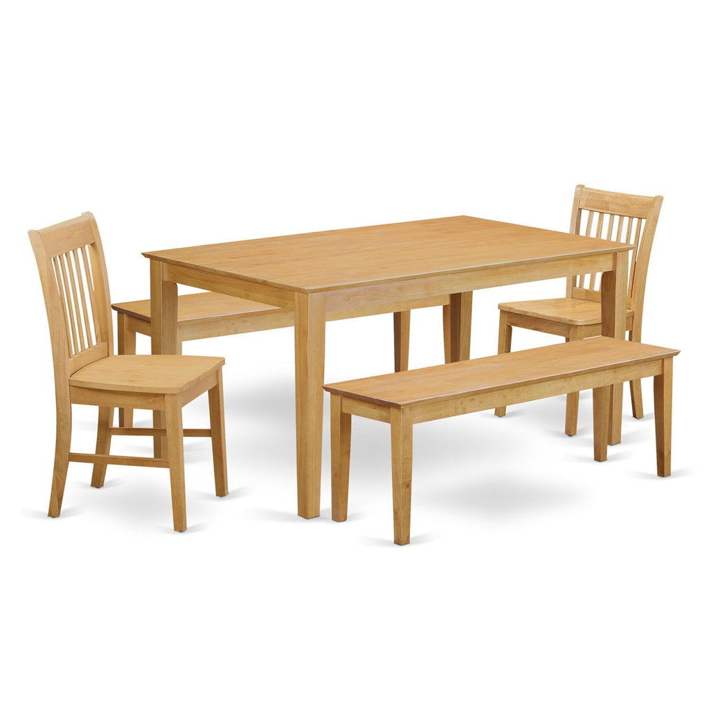 East West Furniture CANO5C-OAK-W 5 Piece Modern Dining Table Set Includes a Rectangle Kitchen Table and 2 Wooden Chairs with 2 Benches, 36x60 Inch, Oak