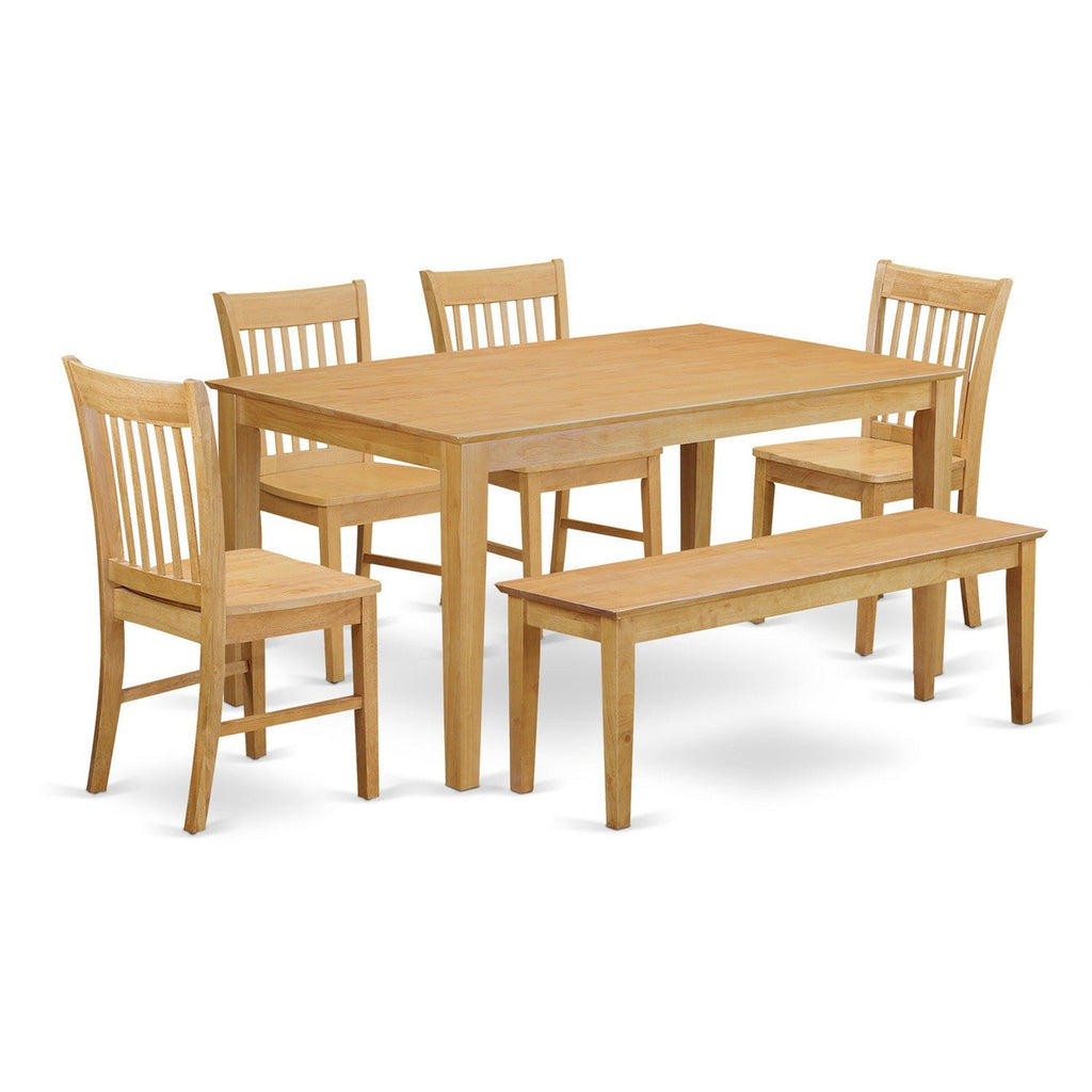 Juego de muebles de comedor de 6 piezas CANO6-OAK-W de East West Furniture. Contiene una mesa de cocina rectangular y 4 sillas de comedor con un banco.