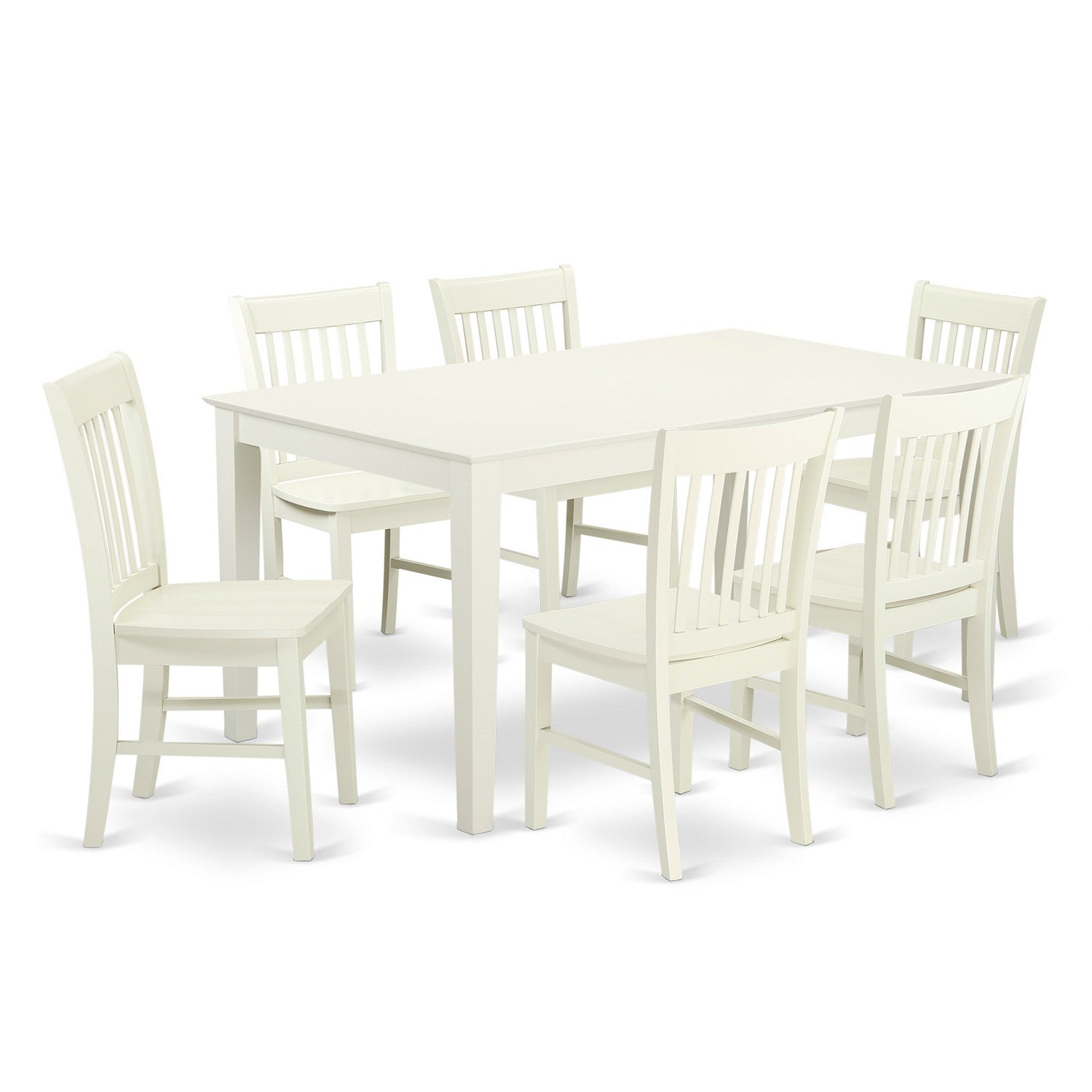 Juego de mesa de comedor de 7 piezas CANO7-LWH-W de East West Furniture que consta de una mesa de cocina rectangular y 6 sillas de comedor.