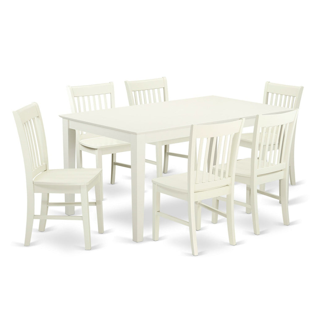 Juego de mesa de comedor de 7 piezas CANO7-LWH-W de East West Furniture que consta de una mesa de cocina rectangular y 6 sillas de comedor.