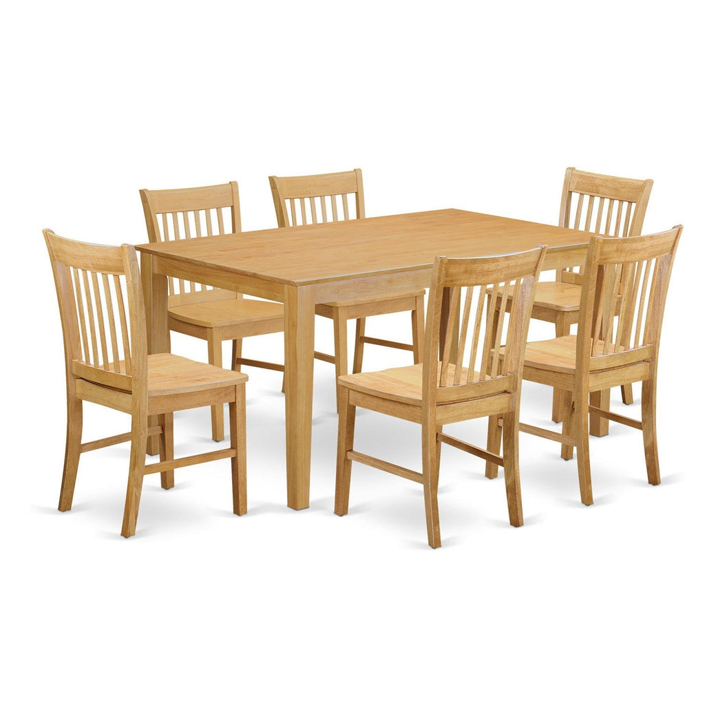 Juego de mesa de comedor de 7 piezas CANO7-OAK-W de East West Furniture. Consta de una mesa de cocina rectangular y 6 sillas de comedor.
