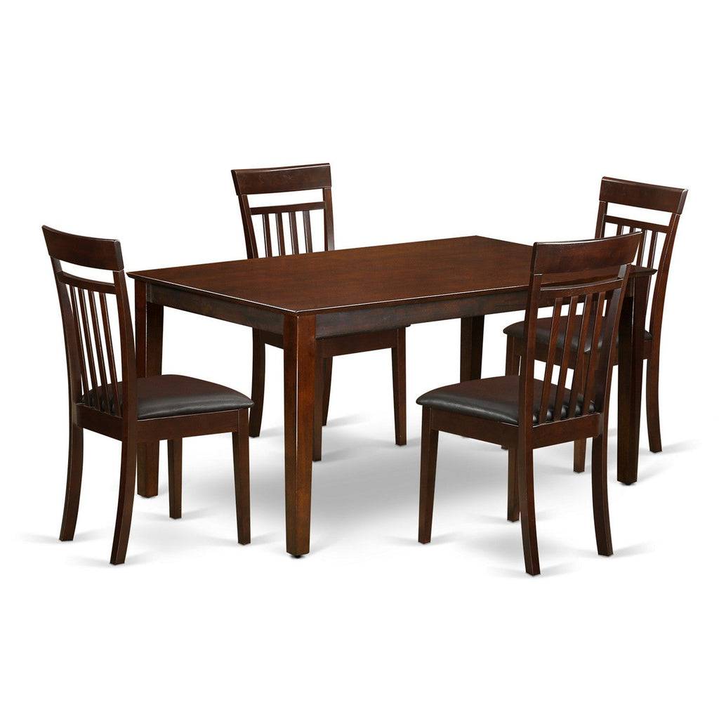 Juego de mesa y sillas de cocina de 5 piezas CAP5S-MAH-LC de East West Furniture. Incluye una mesa de comedor rectangular y 4 sillas de comedor de piel sintética.