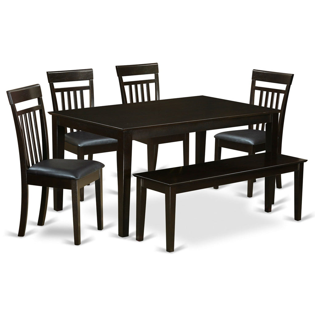 East West Furniture CAP6S-CAP-LC 6 Piece Kitchen Table & Chairs Set Contains a Rectangle Dining Table and 4 Faux Leather Dining Room Chairs with a Bench, 36x60 Inch, Cappuccino