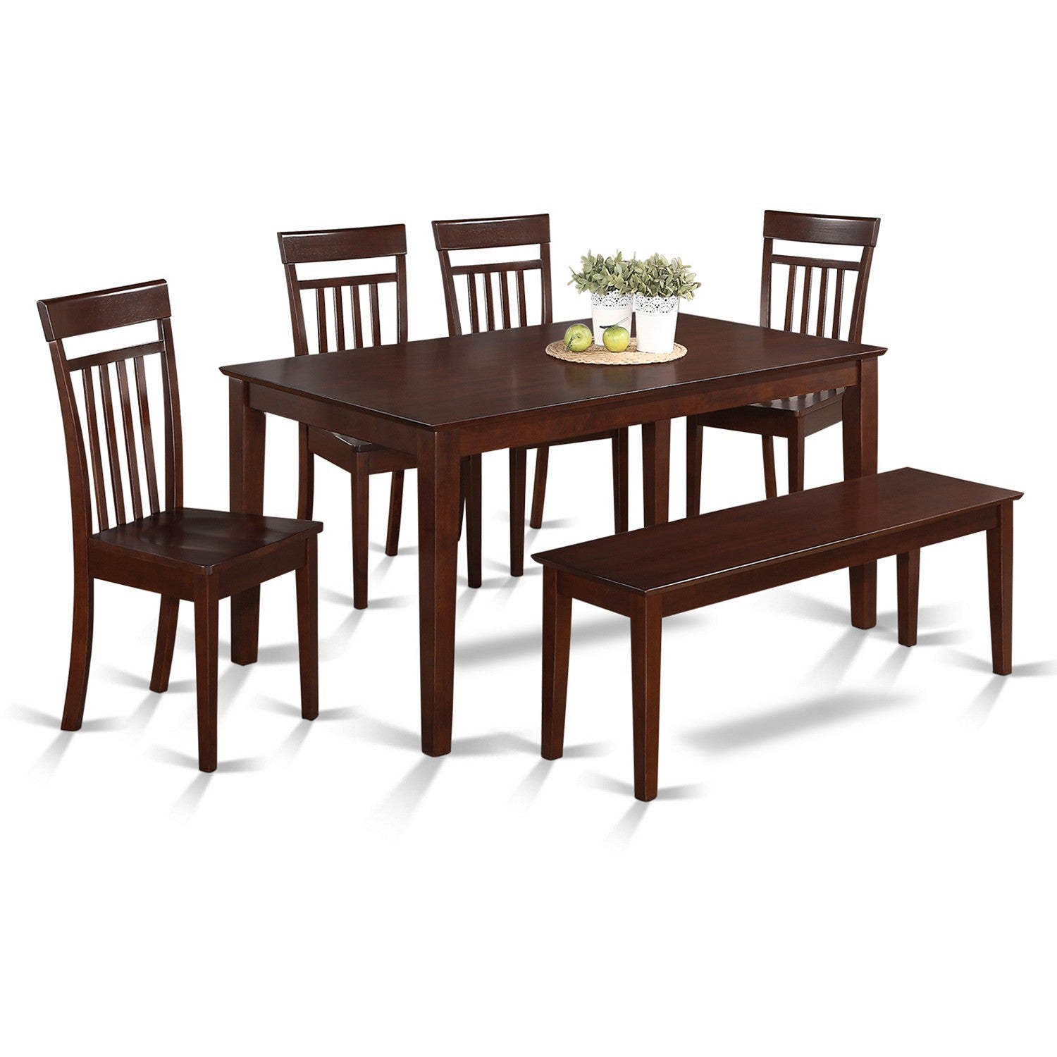 Juego de mesa y sillas de cocina de 6 piezas CAP6S-MAH-W de East West Furniture. Contiene una mesa de comedor rectangular y 4 sillas de comedor con un banco.