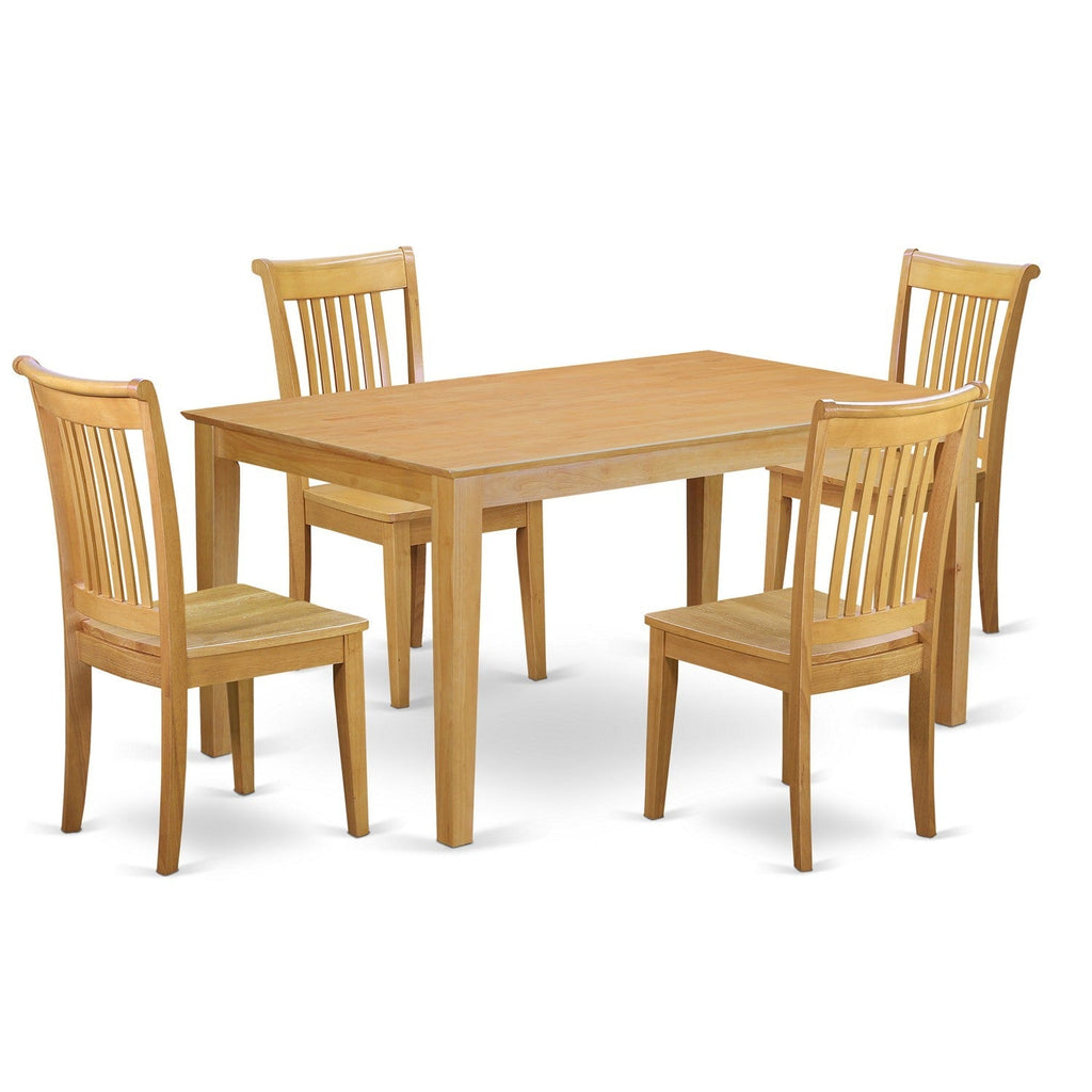 Juego de comedor de 5 piezas CAPO5-OAK-W de East West Furniture. Incluye una mesa rectangular de madera maciza y 4 sillas de cocina.