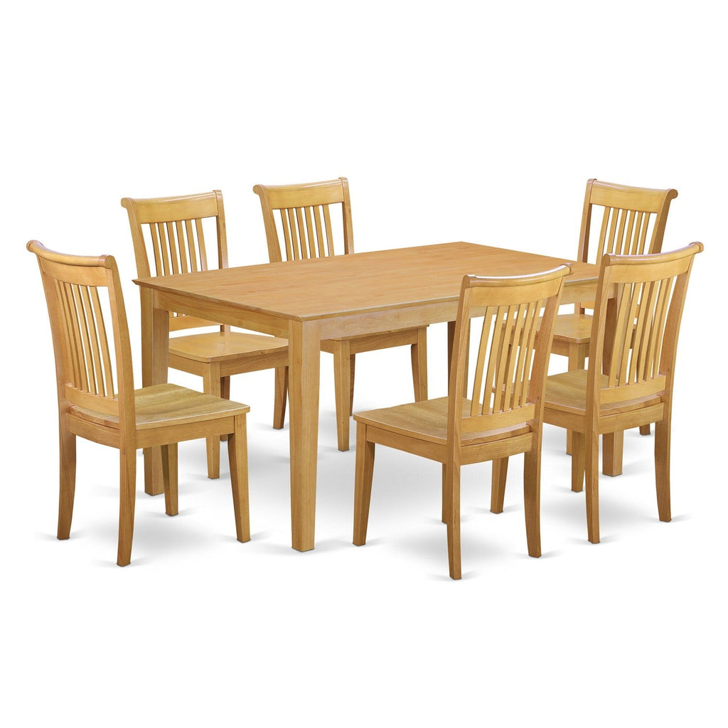 Juego de mesa de comedor moderna de 7 piezas CAPO7-OAK-W de East West Furniture. Consta de una mesa rectangular de madera y 6 sillas de comedor de cocina.