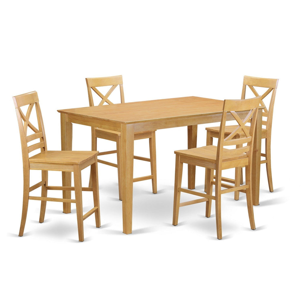 East West Furniture CAQU5H-OAK-W 5 Piece Kitchen Counter Height Dining Table Set  Includes a Rectangle Dining Room Table and 4 Wooden Seat Chairs