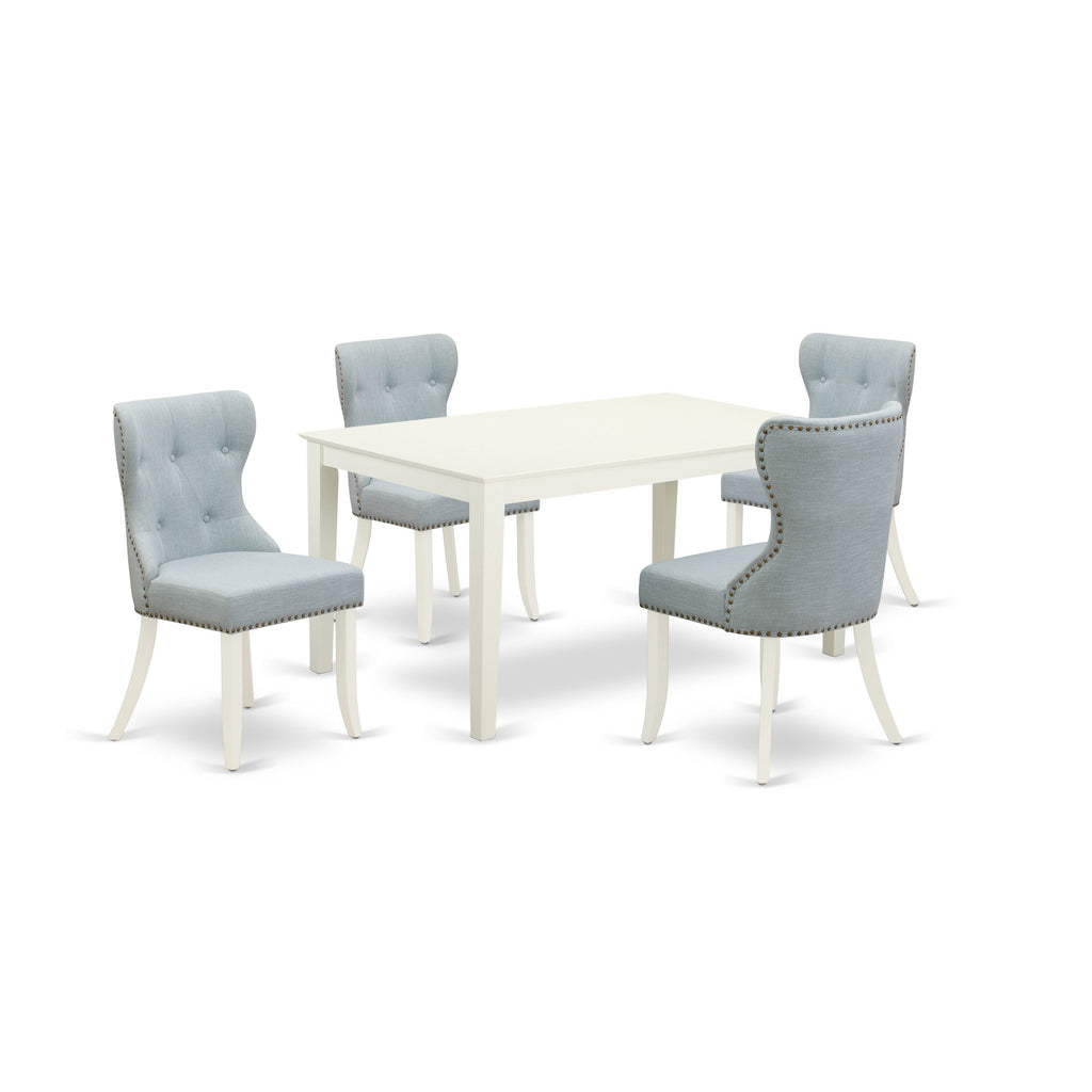 Juego de mesa y sillas de cocina de 5 piezas CASI5-LWH-15 de East West Furniture. Incluye una mesa de comedor rectangular y 4 sillas de comedor Parsons de tela de lino azul bebé.