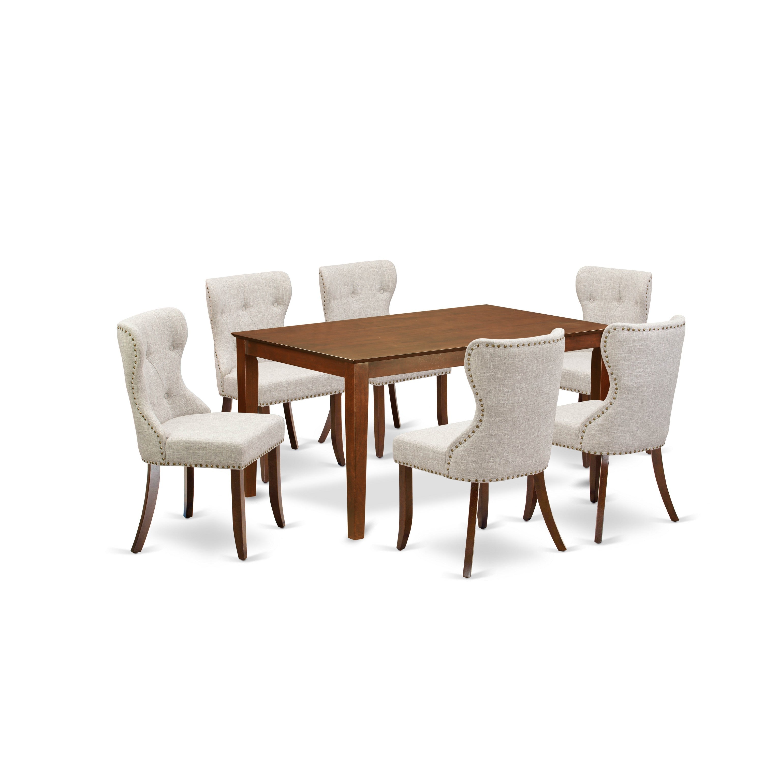 Juego de mesa de cocina de 7 piezas CASI7-MAH-35 de East West Furniture. Incluye una mesa de comedor rectangular y 6 sillas de comedor Parson de tela de lino y piel de venado.