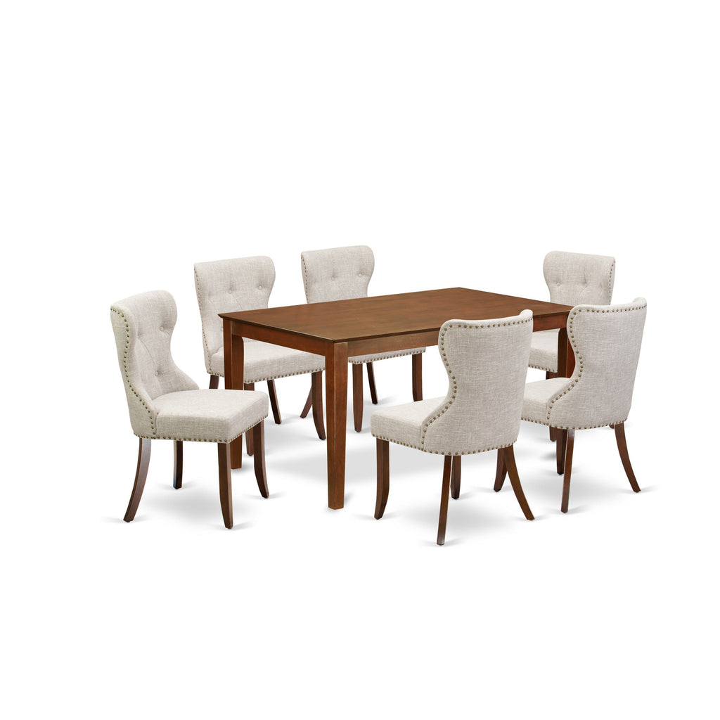 East West Furniture CASI7-MAH-35 7 Piece Kitchen Table Set Consist of a Rectangle Dining Table and 6 Doeskin Linen Fabric Parson Dining Room Chairs, 36x60 Inch, Mahogany