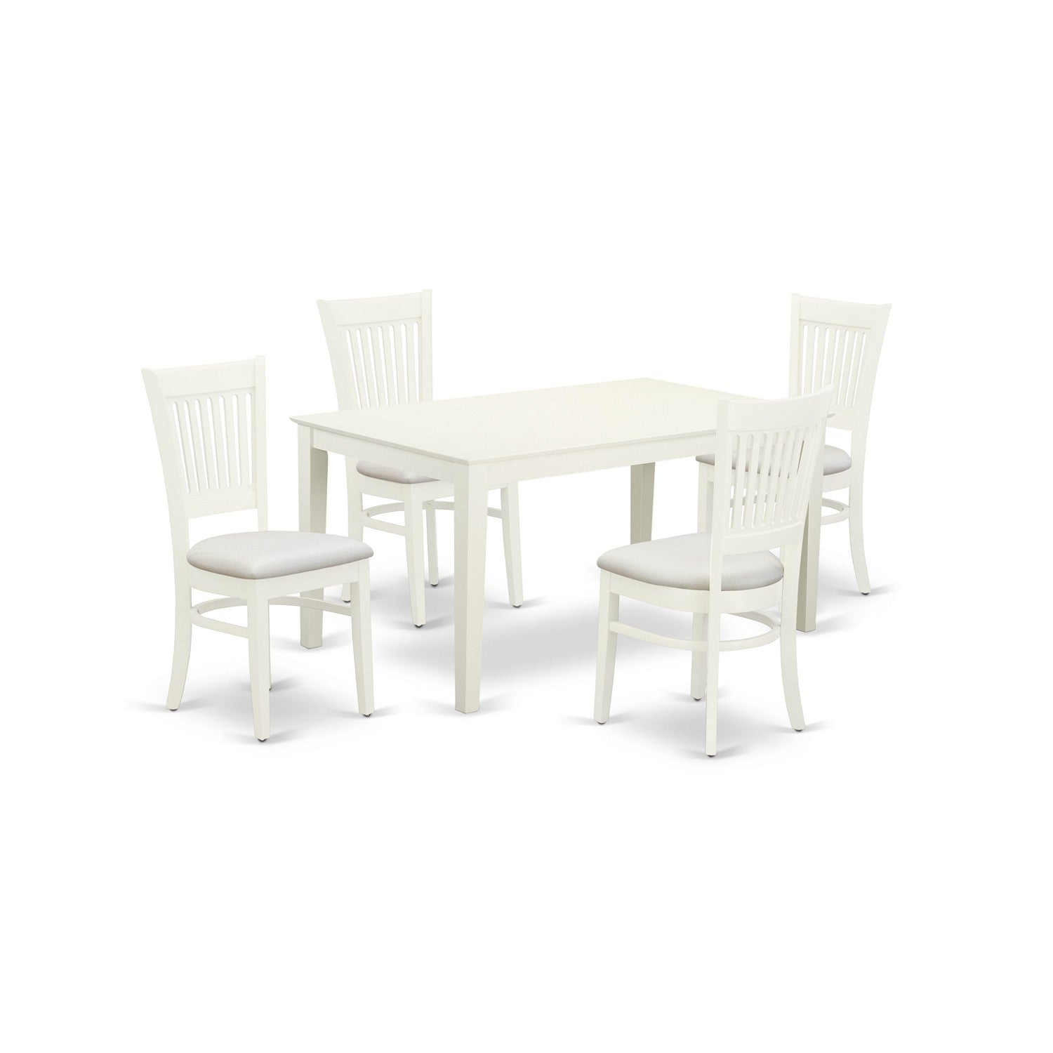 Juego de comedor de 5 piezas East West Furniture CAVA5-LWH-C. Incluye una mesa de cocina rectangular y 4 sillas de comedor tapizadas en tela de lino.