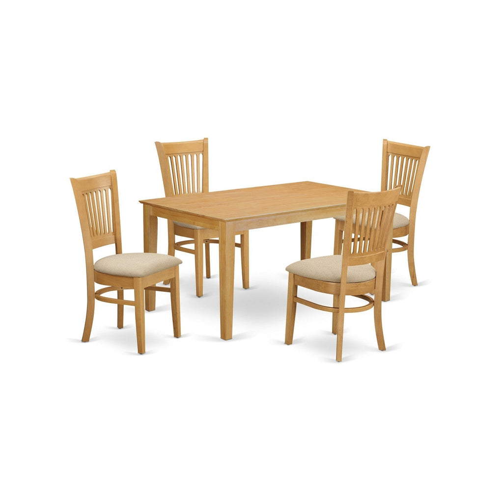 Juego de comedor de 5 piezas East West Furniture CAVA5-OAK-C. Incluye una mesa rectangular de madera maciza y 4 sillas de cocina de tela de lino.