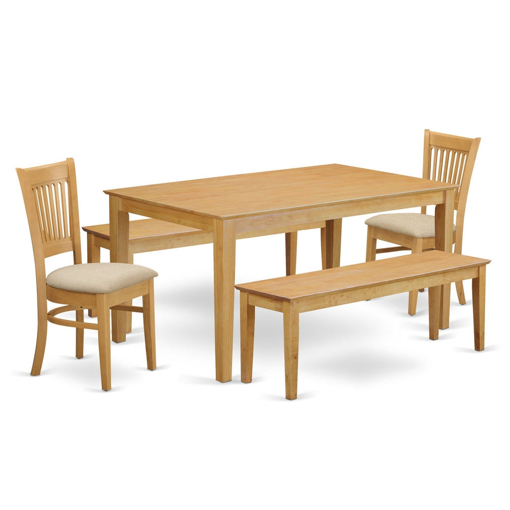 East West Furniture CAVA5C-OAK-C 5 Piece Dining Table Set for 4 Includes a Rectangle Kitchen Table and 2 Linen Fabric Dining Chairs with 2 Benches, 36x60 Inch, Oak