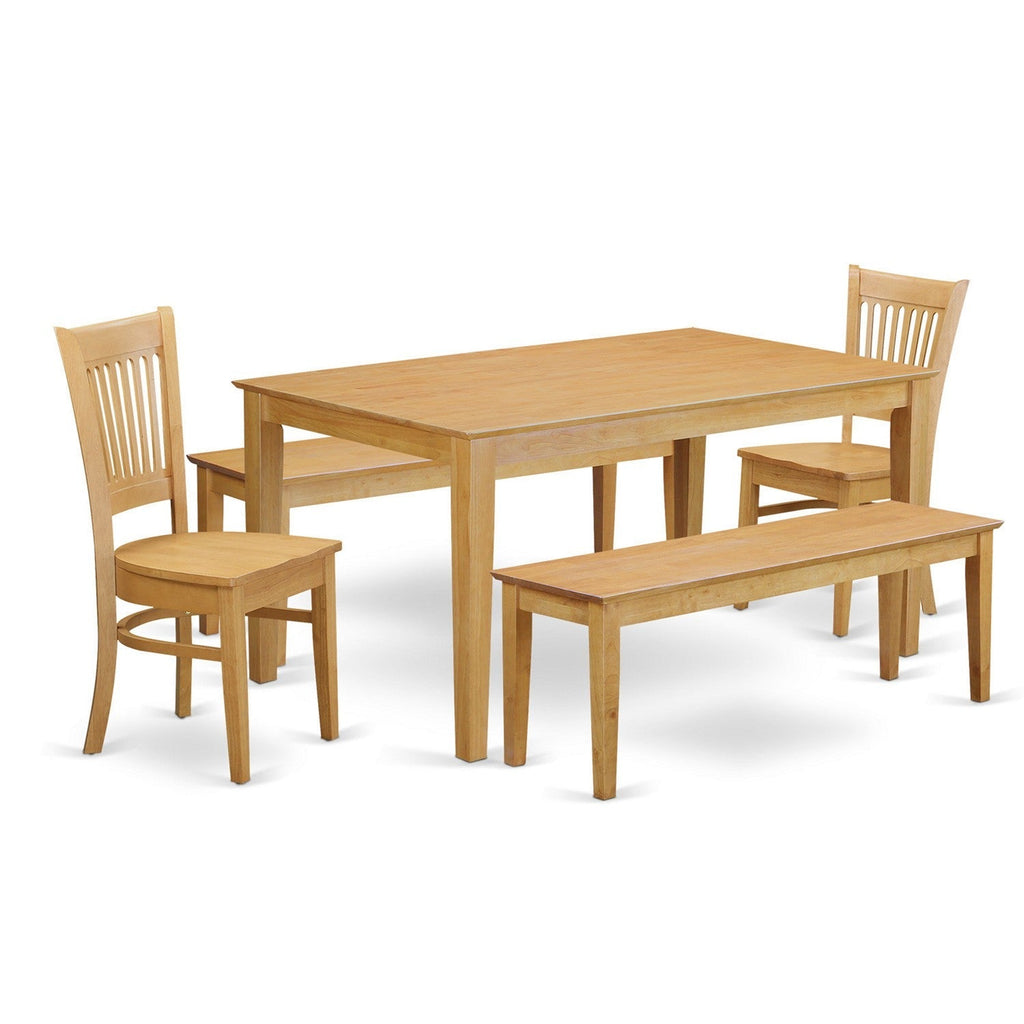 East West Furniture CAVA5C-OAK-W 5 Piece Dining Room Table Set Includes a Rectangle Kitchen Table and 2 Dining Chairs with 2 Benches, 36x60 Inch, Oak