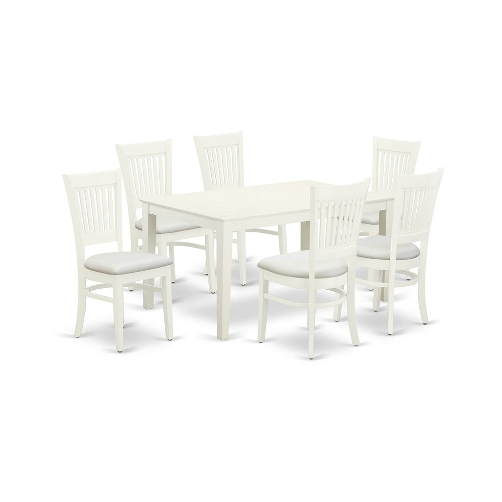 East West Furniture CAVA7-LWH-C 7 Piece Dining Room Table Set Consist of a Rectangle Wooden Table and 6 Linen Fabric Kitchen Dining Chairs, 36x60 Inch, Linen White