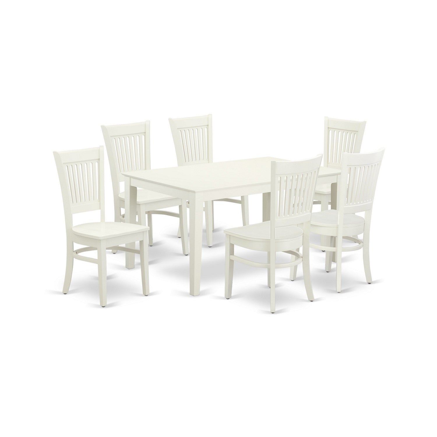 Juego de mesa de comedor de 7 piezas East West Furniture CAVA7-LWH-W compuesto por una mesa de comedor rectangular y 6 sillas con asiento de madera.