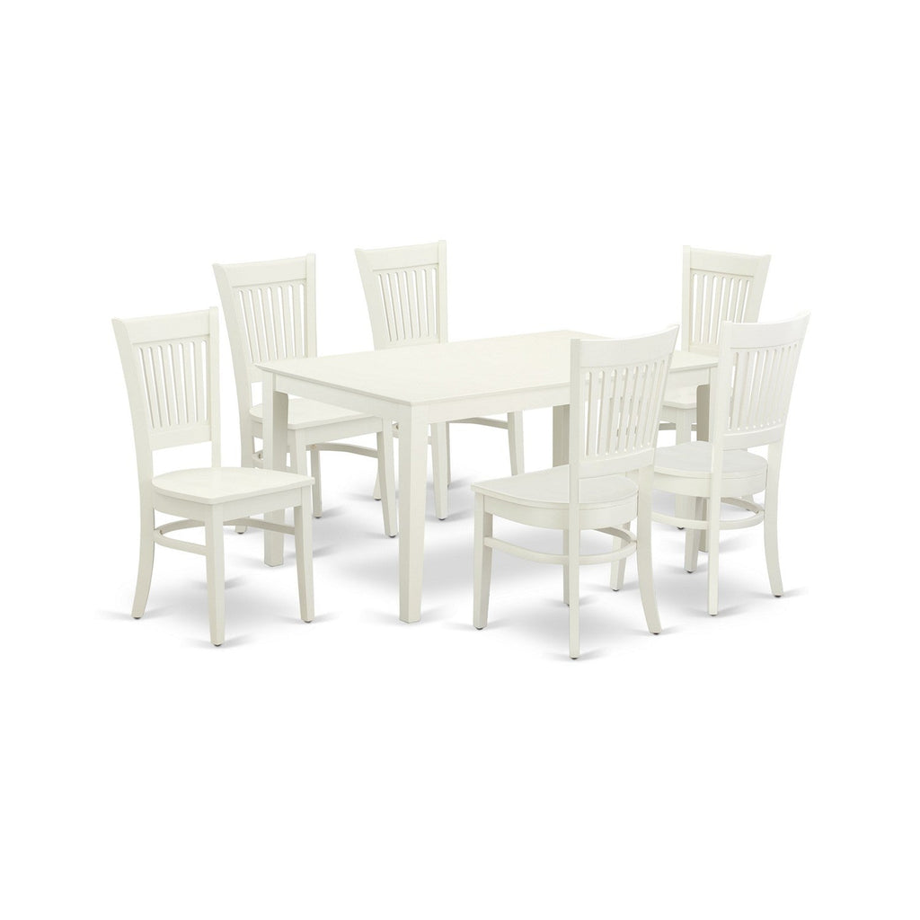 East West Furniture CAVA7-LWH-W 7 Piece Dining Table Set Consist of a Rectangle Dining Room Table and 6 Wood Seat Chairs, 36x60 Inch, Linen White