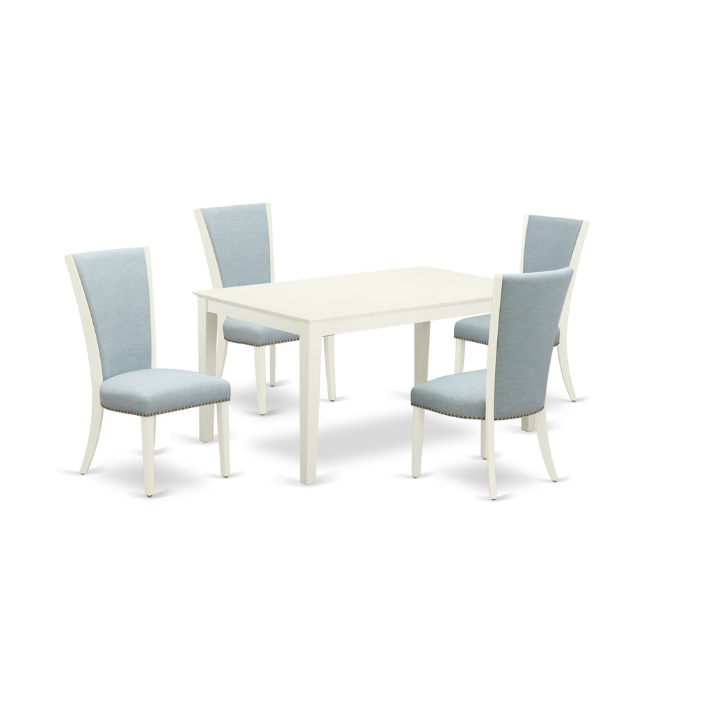 East West Furniture CAVE5-LWH-15 5 Piece Dining Room Table Set Includes a Rectangle Kitchen Table and 4 Baby Blue Linen Fabric Parsons Dining Chairs, 36x60 Inch, Linen White