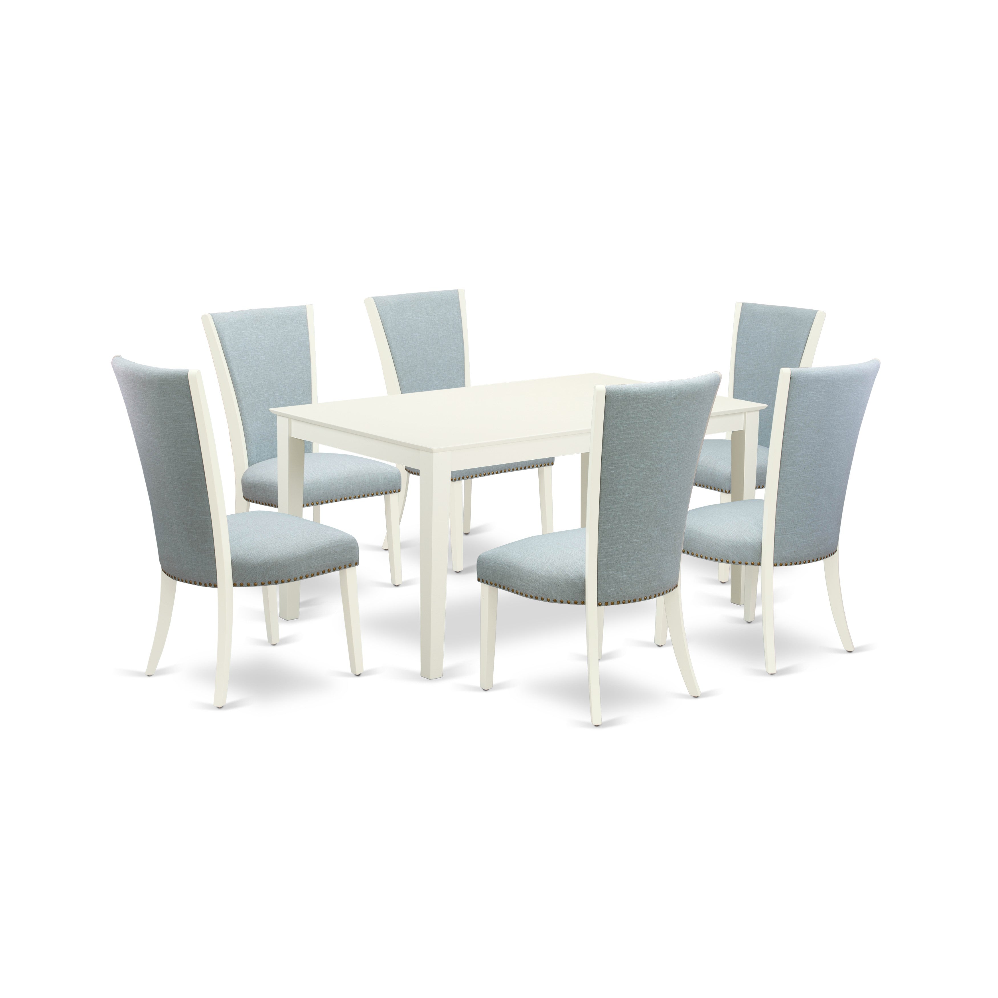 Juego de mesa y sillas de cocina de 7 piezas CAVE7-LWH-15 de East West Furniture. Incluye una mesa de comedor rectangular y 6 sillas de comedor Parsons de tela de lino azul bebé.