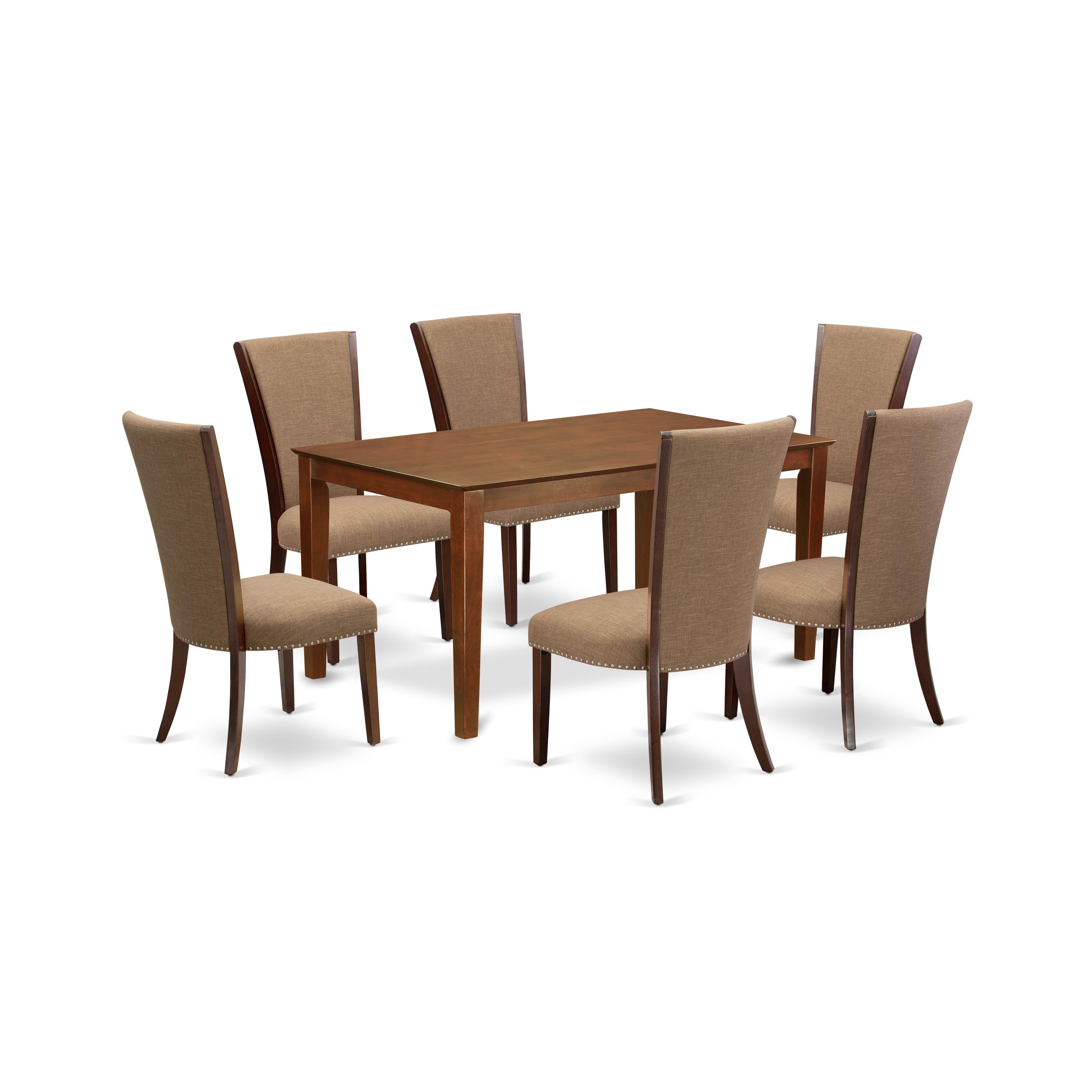 Juego de mesa de comedor de 7 piezas East West Furniture CAVE7-MAH-47 compuesto por una mesa de comedor rectangular y 6 sillas tapizadas en tela de lino color sable claro.