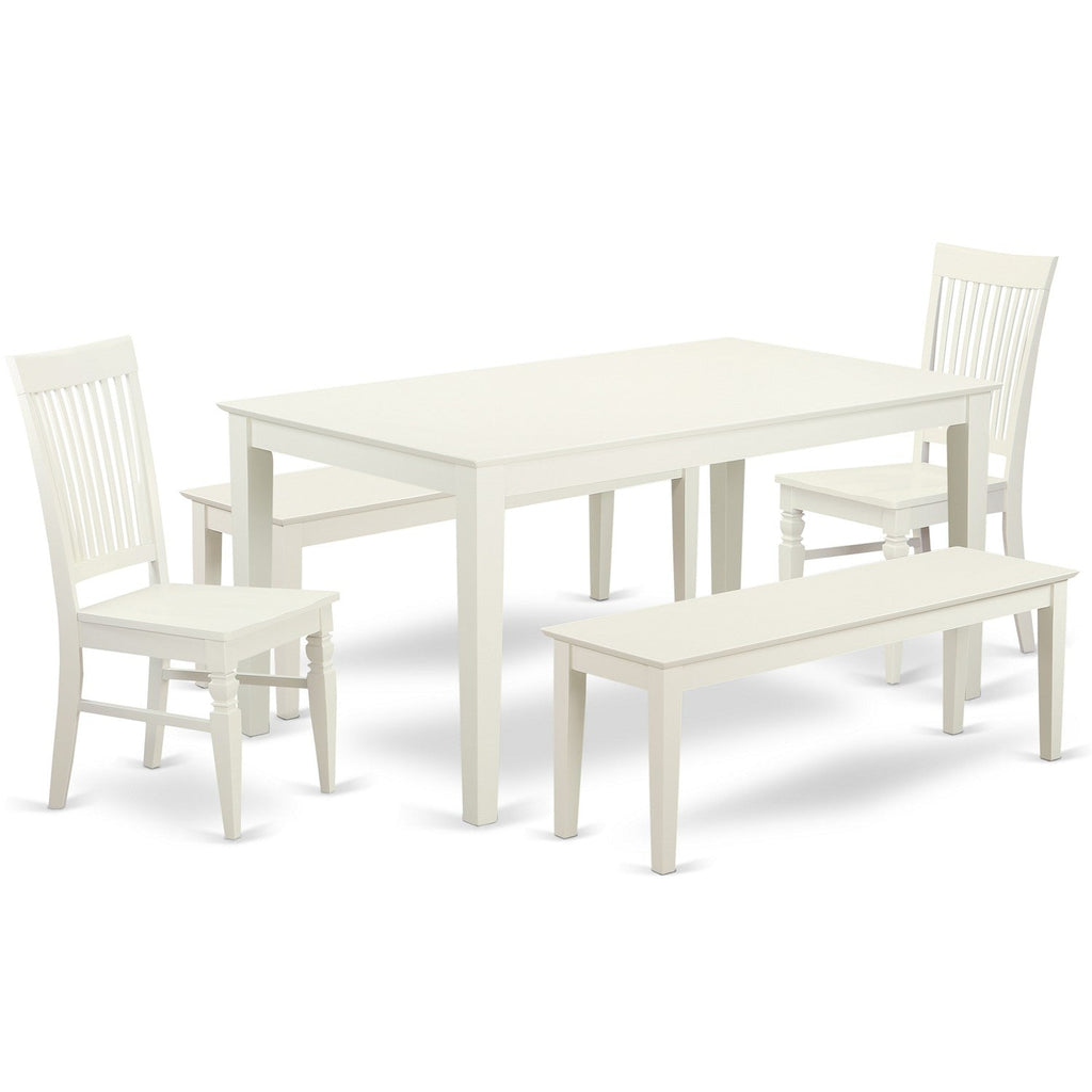 East West Furniture CAWE5C-LWH-W 5 Piece Dining Set Includes a Rectangle Dining Room Table and 2 Kitchen Chairs with 2 Benches
