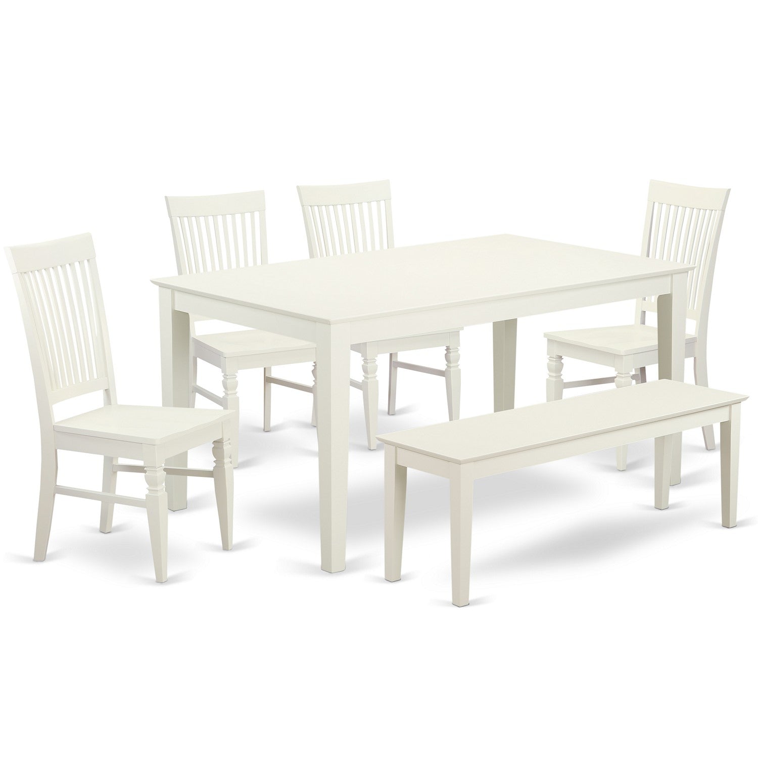 Juego de comedor de 6 piezas East West Furniture CAWE6-LWH-W. Contiene una mesa de comedor rectangular y 4 sillas de cocina con un banco.