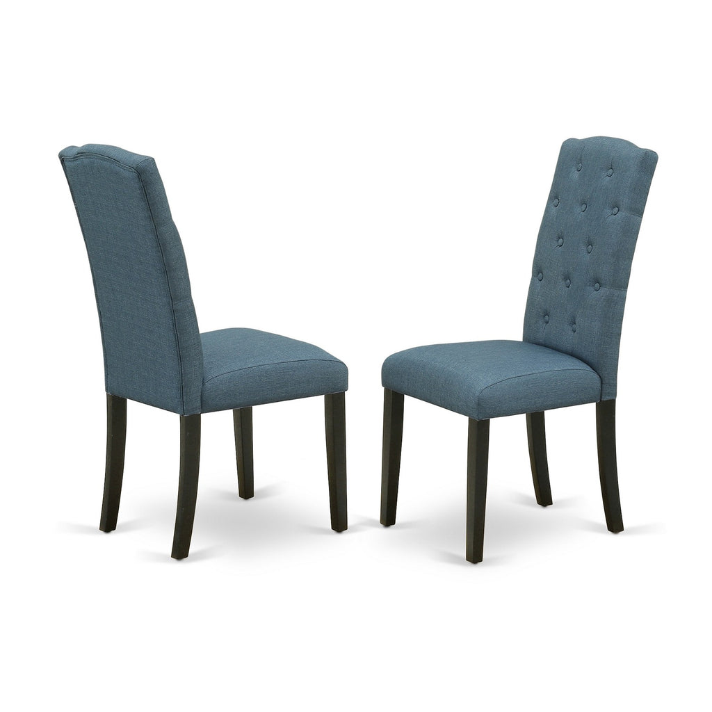 East West Furniture CEP1T21 Celina Parson Dining Room Chairs - Button Tufted Mineral Blue Linen Fabric Padded Chairs, Set of 2, Black