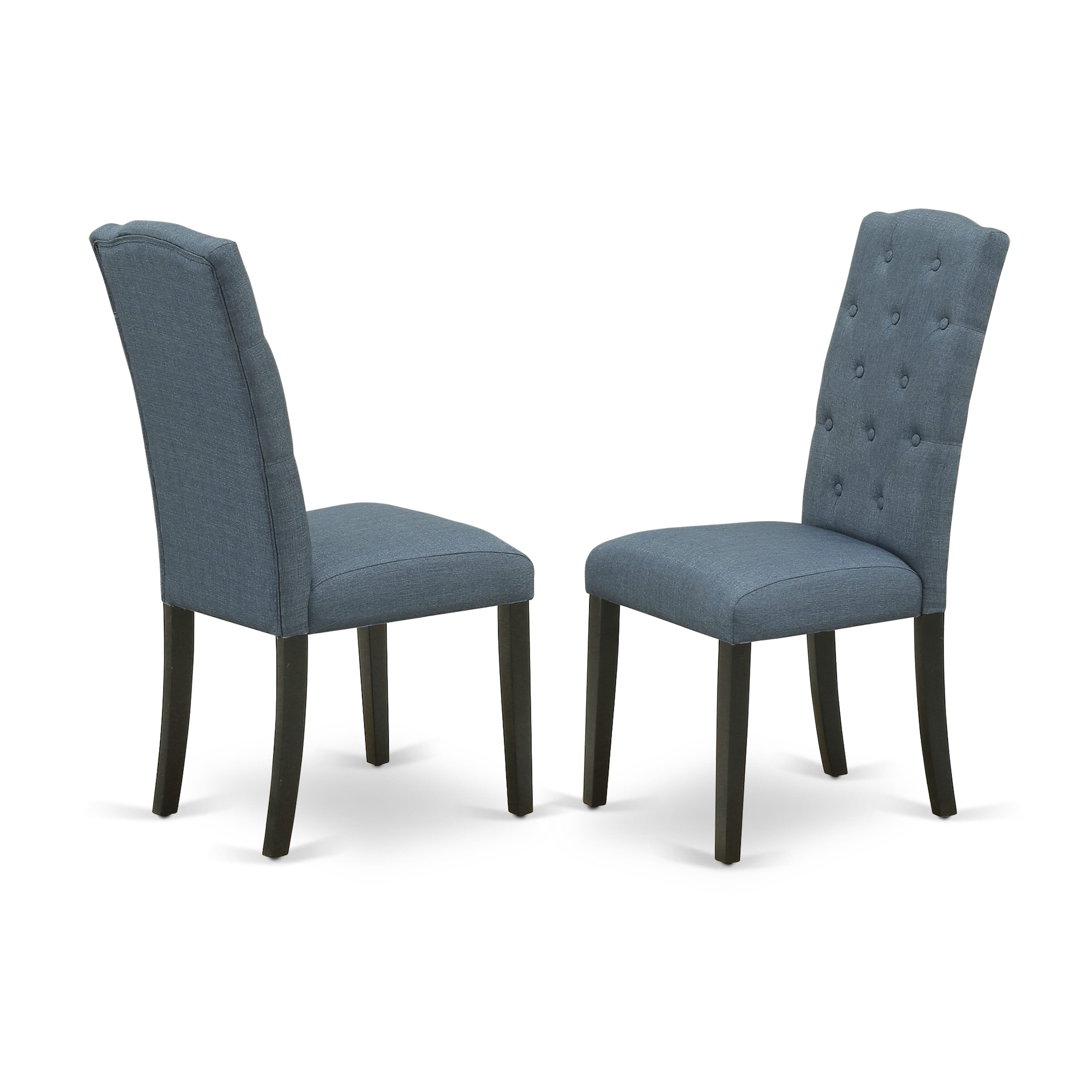 East West Furniture ESCE3-BCH-21 3-Piece Dining Room Table Set Consist of Dining Table and 2 Blue Linen Fabric Upholstered Chairs with Button Tufted Back - Black Finish