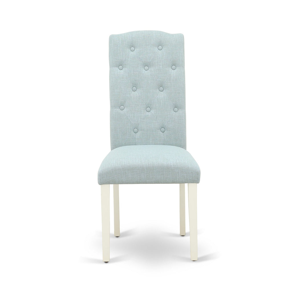 East West Furniture CEP2T15 Celina Parson Chairs - Button Tufted Baby Blue Linen Fabric Upholstered Dining Chairs, Set of 2, Linen White