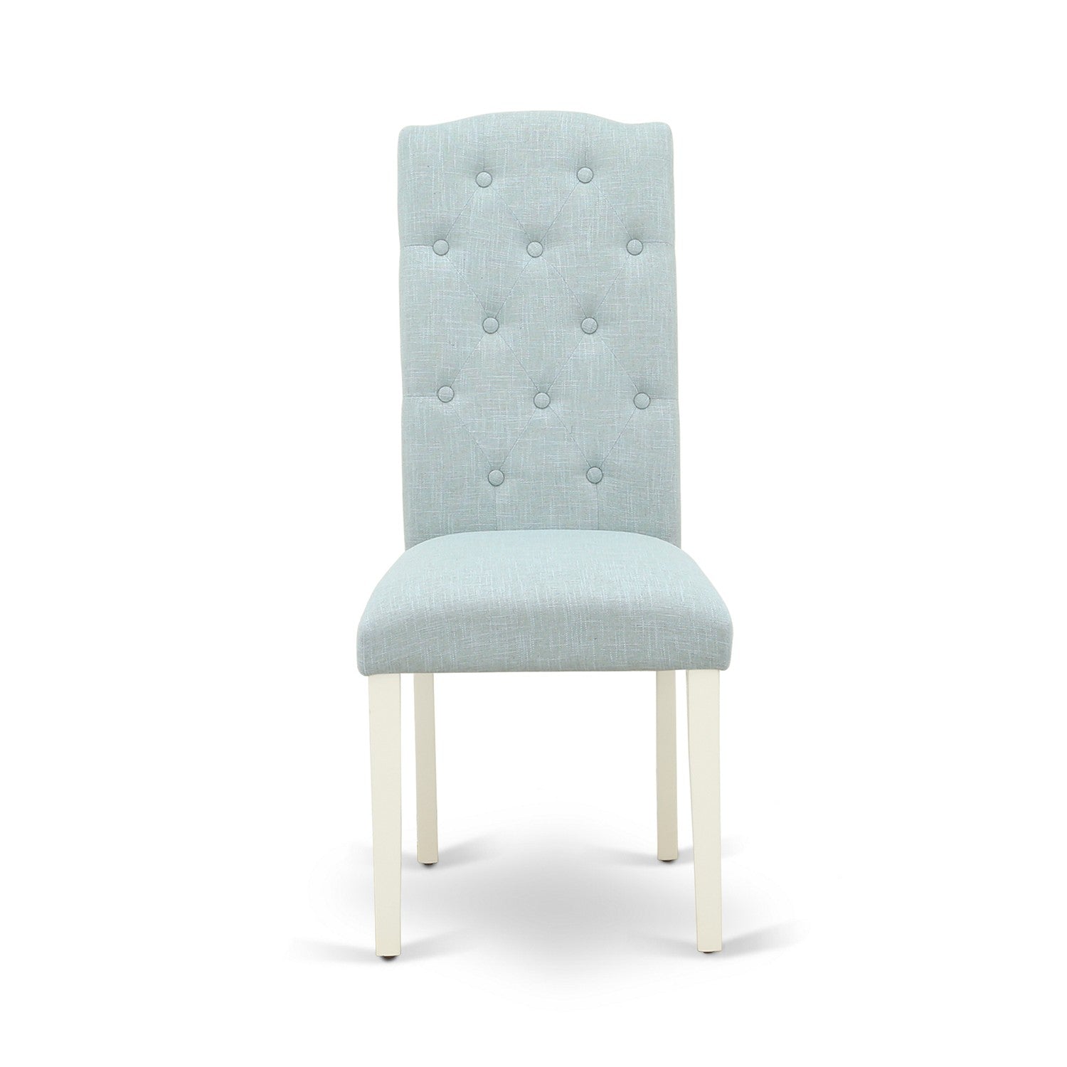 East West Furniture V077CE215-7 7-Pc Dining Room Set- 6 Dining Padded Chairs with Baby Blue Linen Fabric Seat and Button Tufted Chair Back - Rectangular Table top & Wooden Legs - Distressed Jacobean and linen white Finish