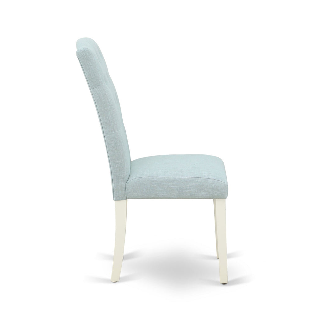 East West Furniture CEP2T15 Celina Parson Chairs - Button Tufted Baby Blue Linen Fabric Upholstered Dining Chairs, Set of 2, Linen White