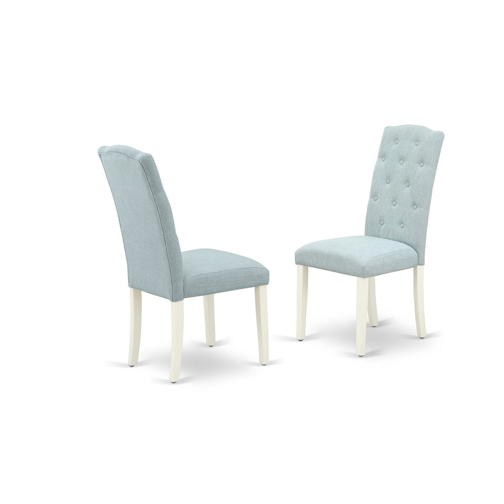 East West Furniture 1NDCE3-LWH-15 Wooden Dining Table Set 3 Pc - Two Parson Dining Chairs and a Wood Table - Linen White Finish Wood - Baby Blue Color Linen Fabric