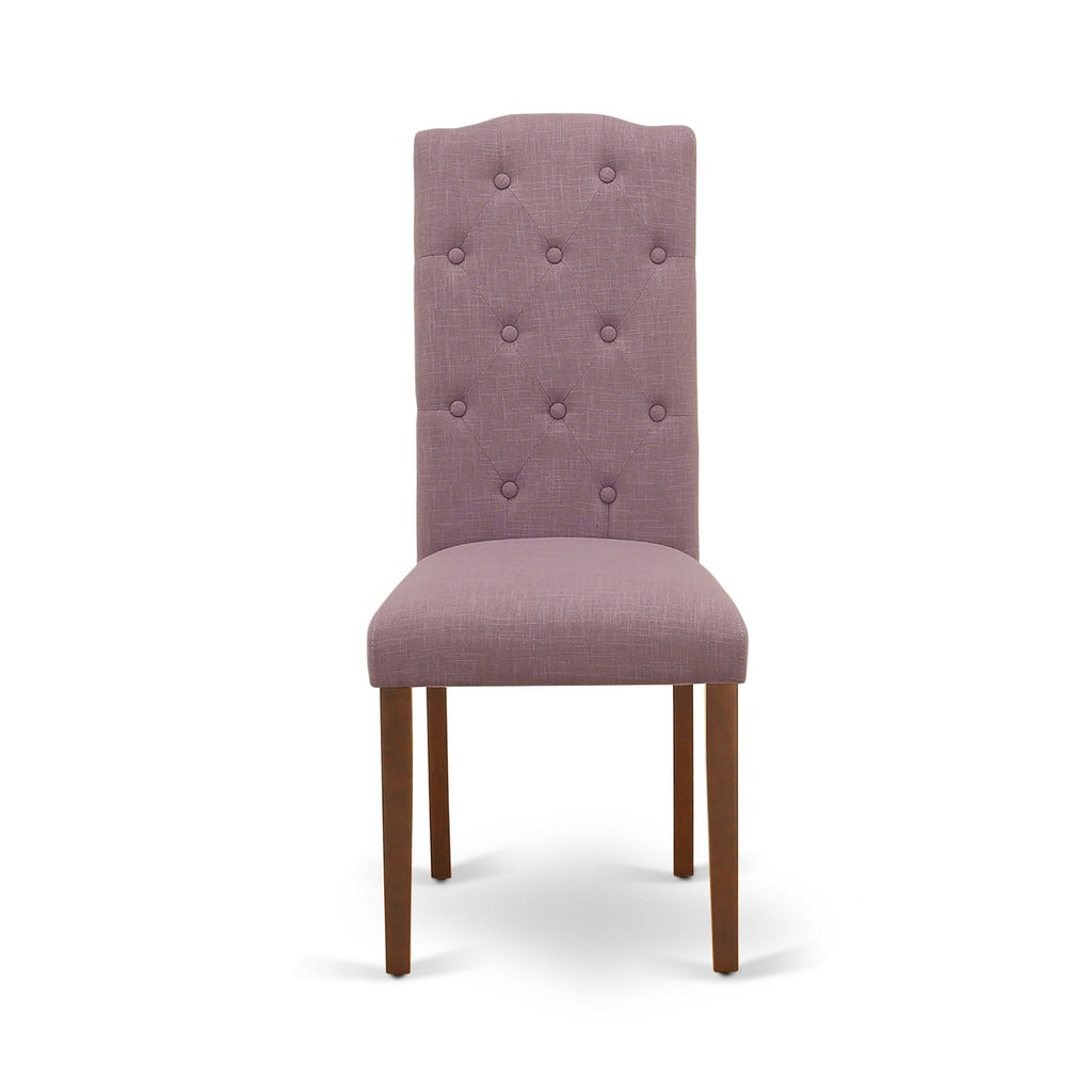 Juego de mesa de comedor de madera East West Furniture 1NDCE3-MAH-10 de 3 piezas: 2 sillas y mesa de comedor, acabado caoba, tela de lino color dalia.