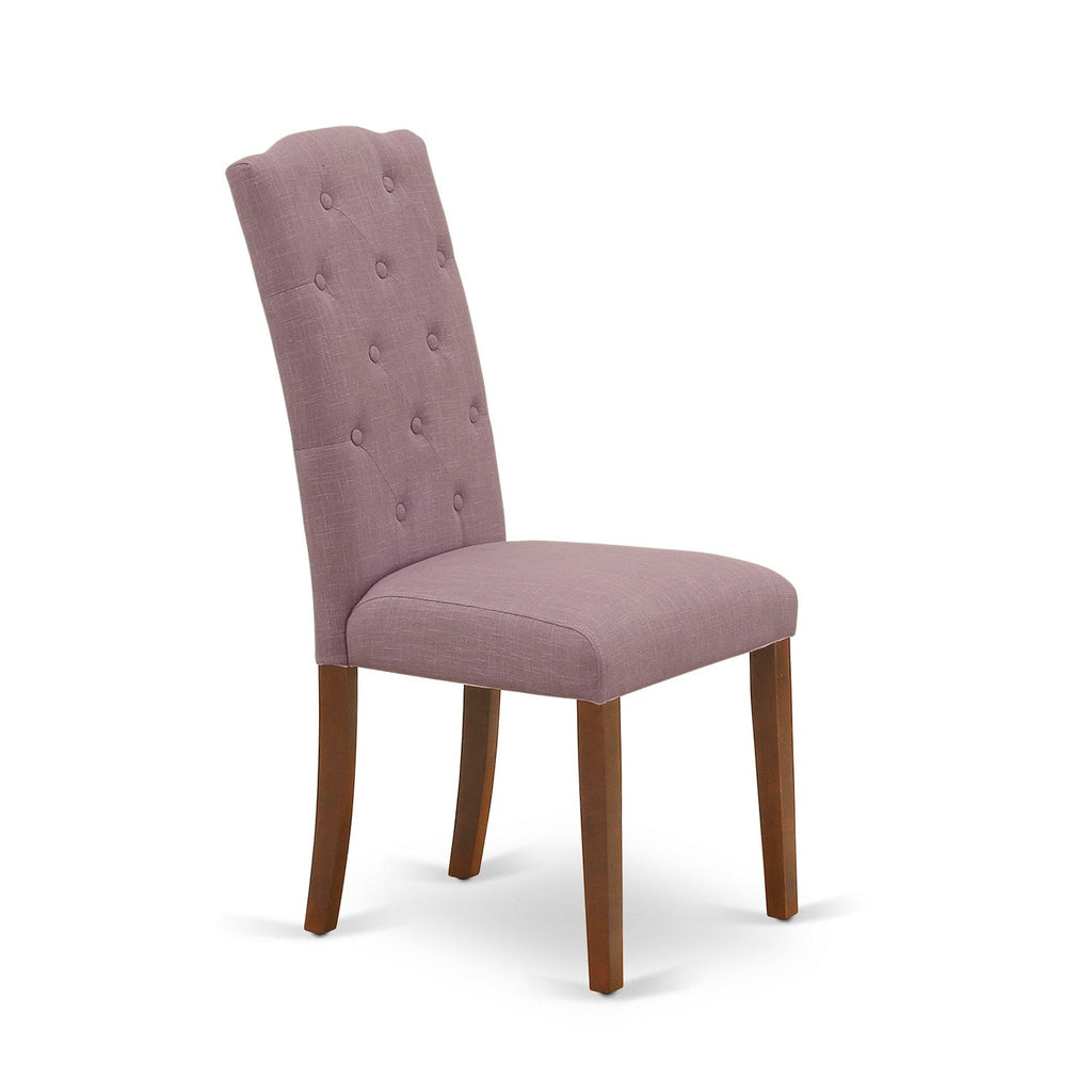 East West Furniture ESCE3-MAH-10 3 Piece Kitchen Table Set Contains a Round Dining Room Table with Pedestal and 2 Dahlia Linen Fabric Parsons Dining Chairs