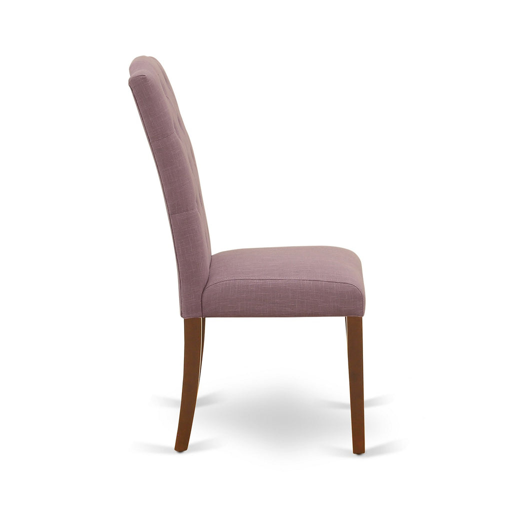 Juego de mesa de comedor de madera East West Furniture 1NDCE3-MAH-10 de 3 piezas: 2 sillas y mesa de comedor, acabado caoba, tela de lino color dalia.